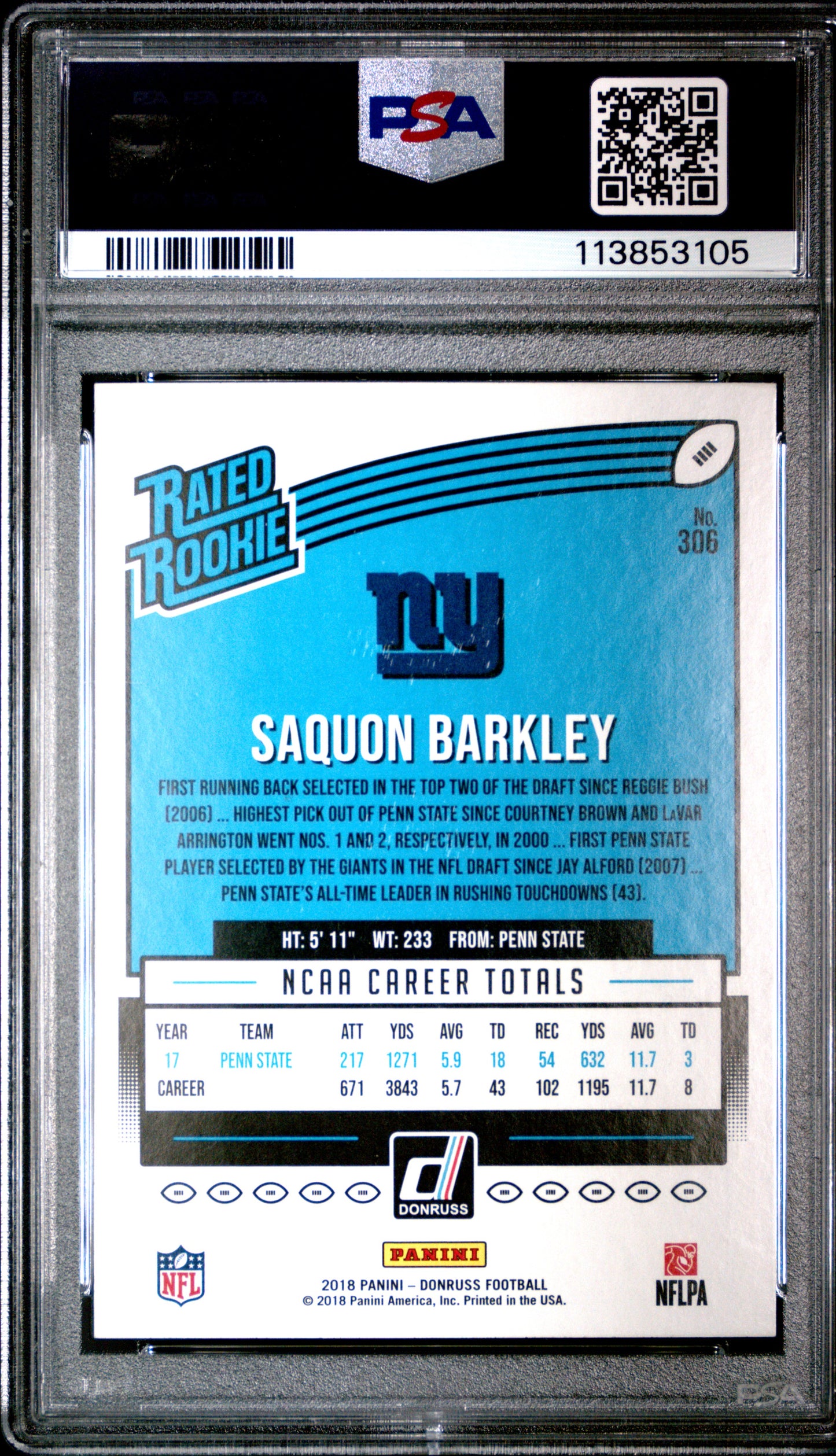 2018 Panini Donruss #306 Saquon Barkley PSA 8