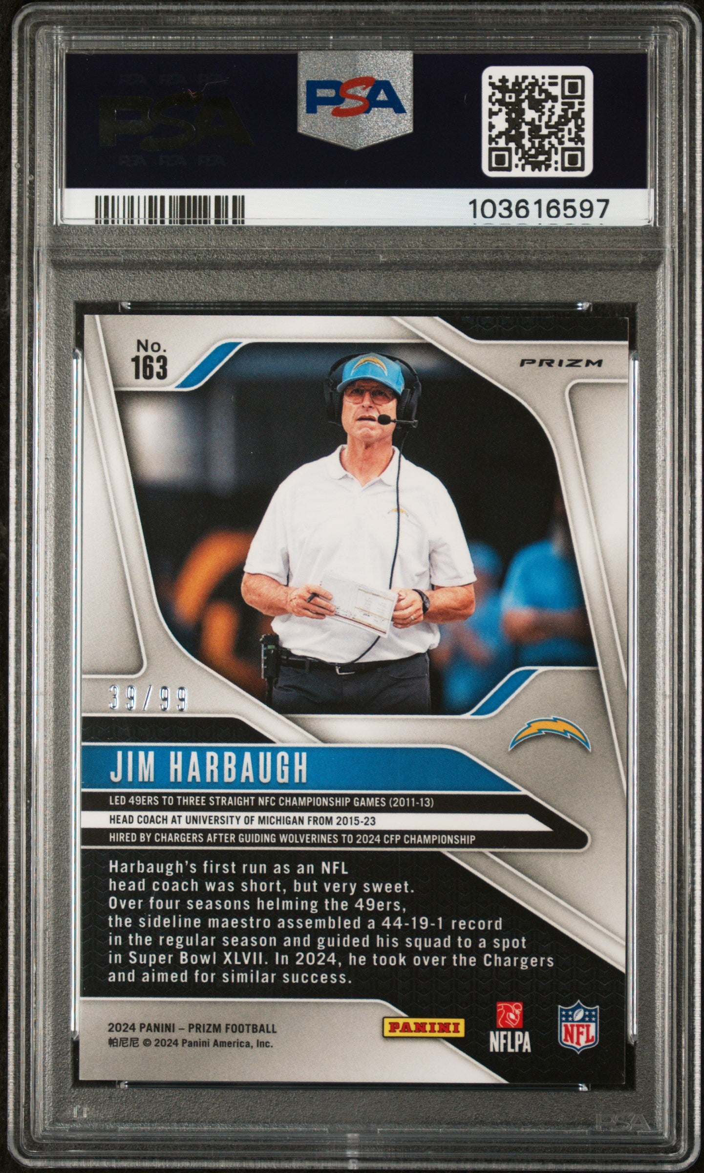 2024 Panini Prizm #163 Jim Harbaugh Blue Ice PSA 9