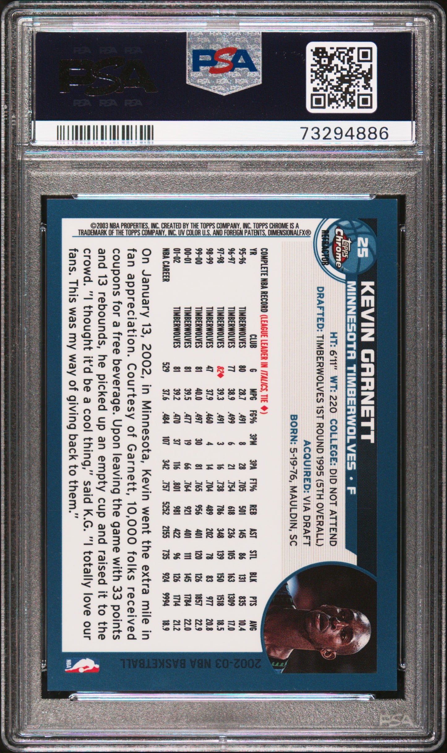 2002 Topps Chrome #25 Kevin Garnett Refractor PSA 10