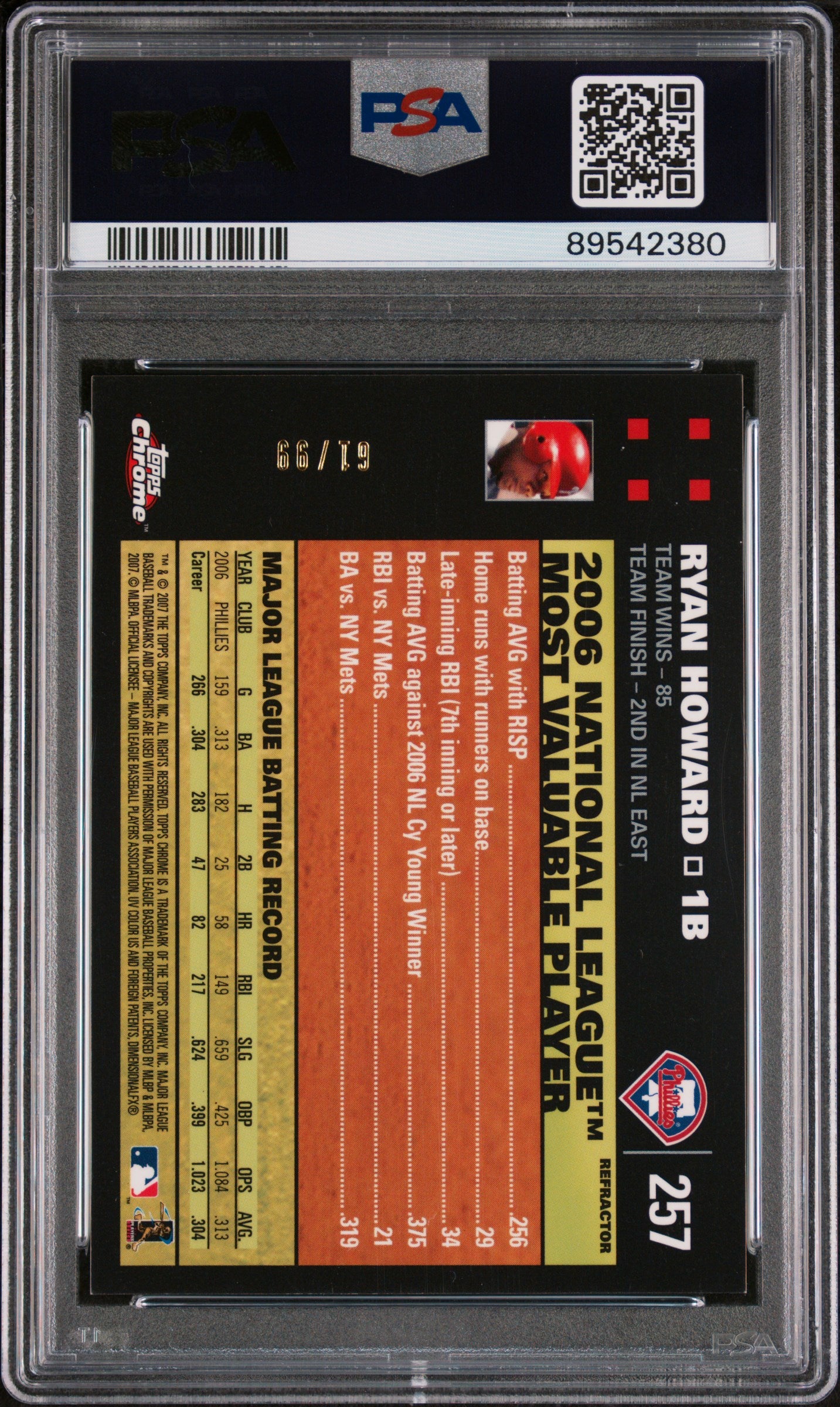 2007 Topps Chrome #257 Ryan Howard Red Refractor PSA 8