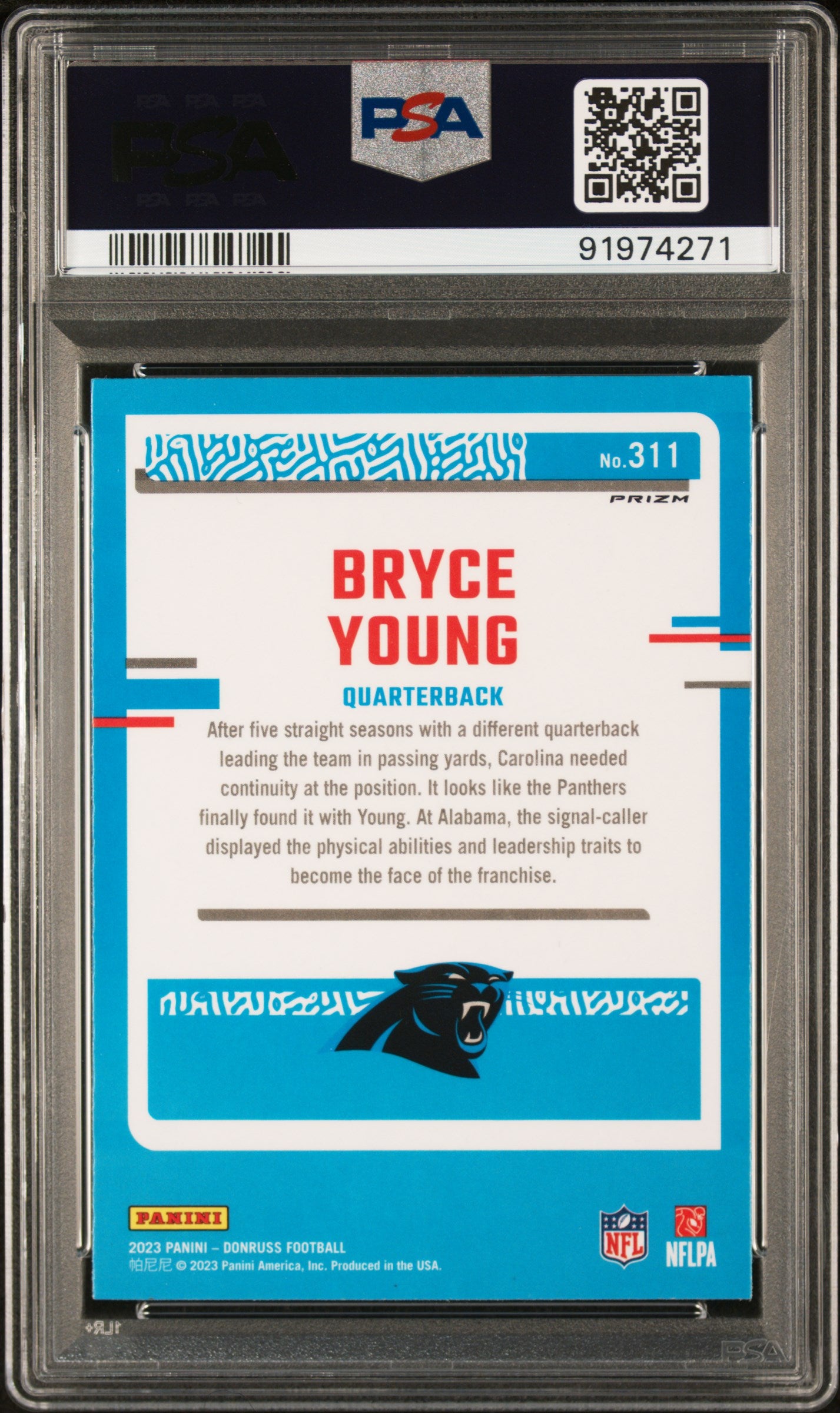 2023 Panini Donruss #311 Bryce Young Optic Preview-Red & Green PSA 10