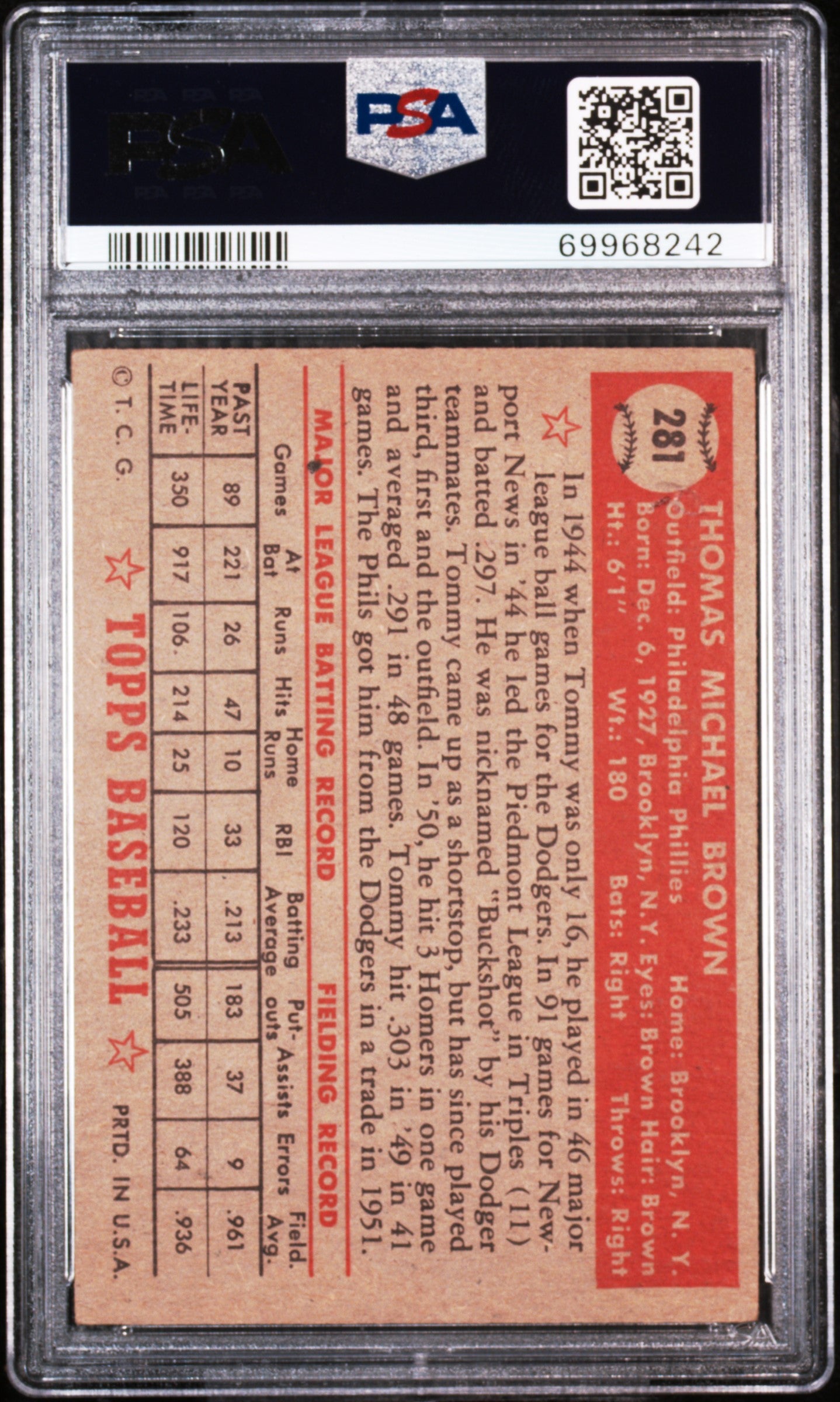 1952 Topps #281 Tommy Brown PSA 3