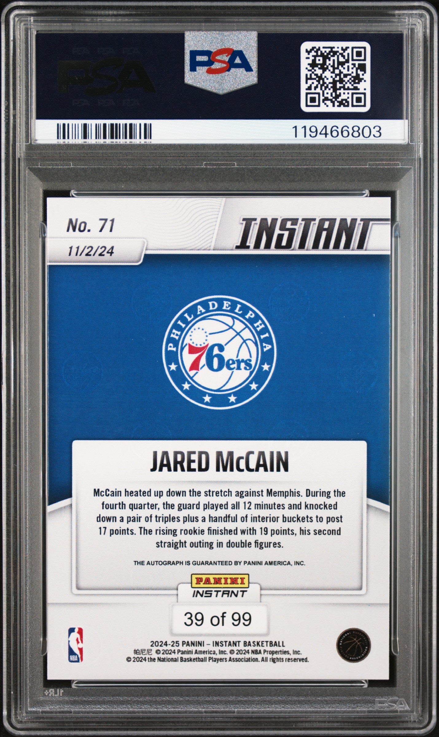 2024 Panini Instant NBA #71 Jared Mccain Autograph PSA 9 /99
