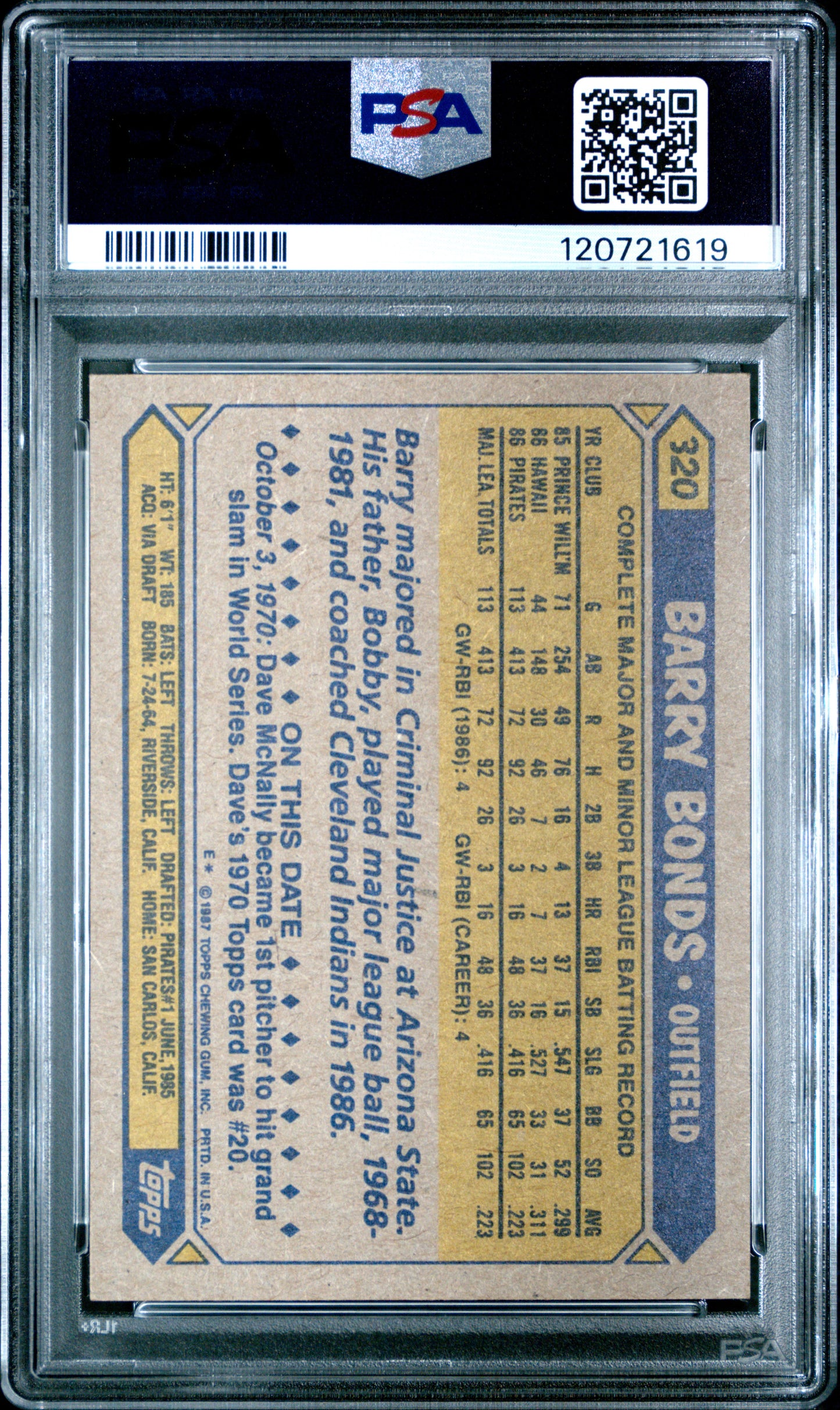 1987 Topps #320 Barry Bonds PSA 9