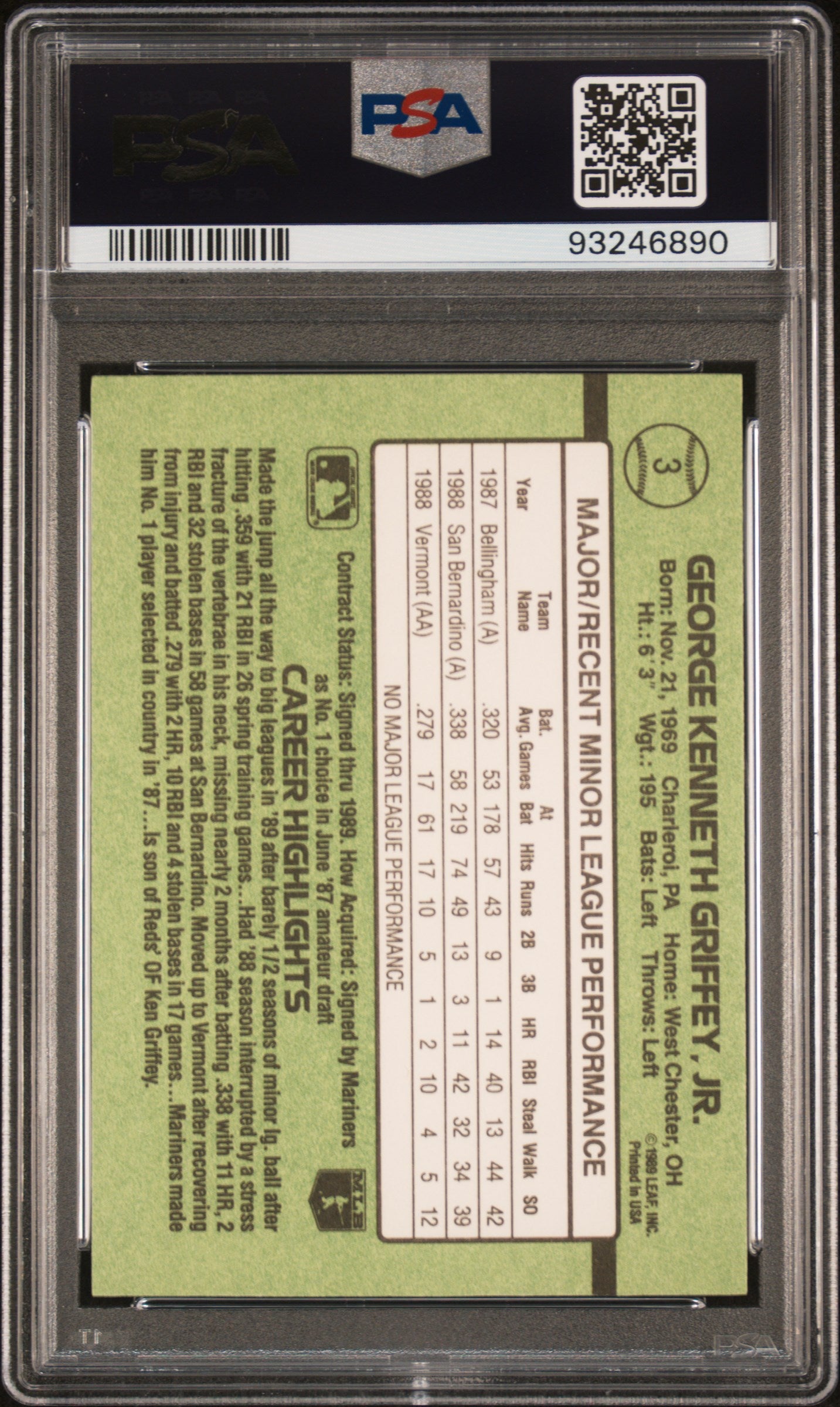 1989 Donruss Rookies #3 Ken Griffey Jr. PSA 9