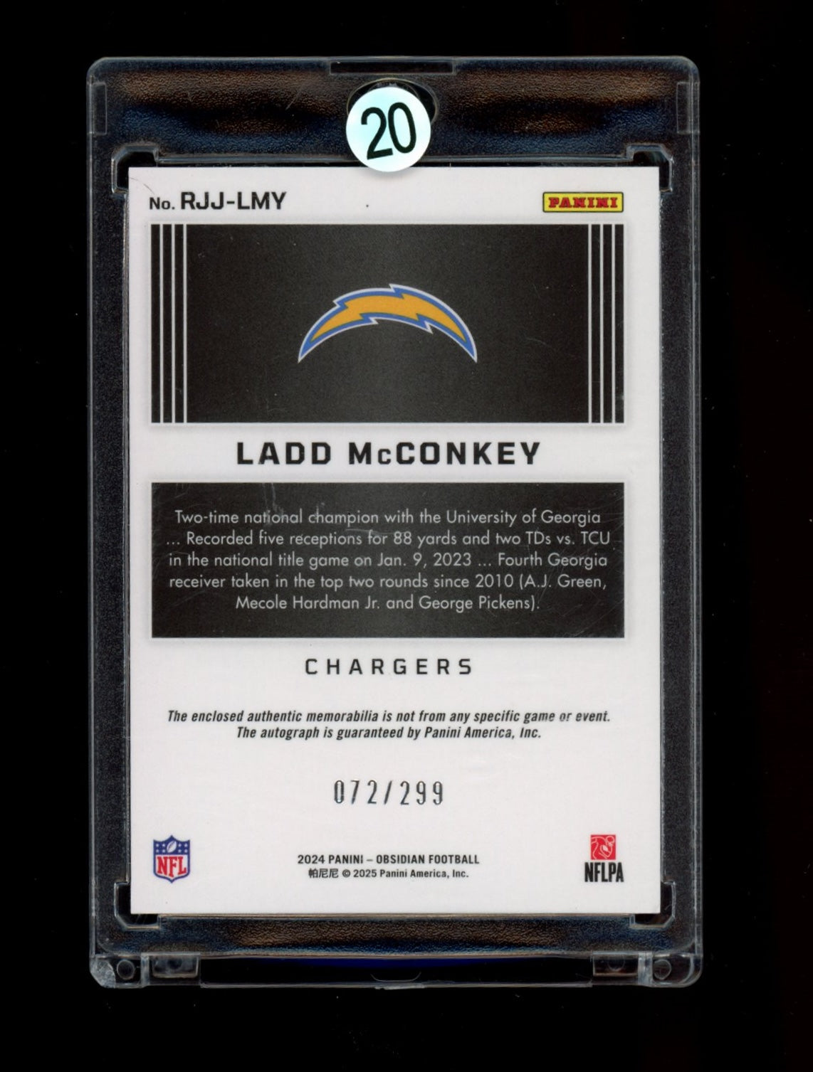 2024 Panini Obsidian RJJLMY Ladd McConkey #/299 RPA