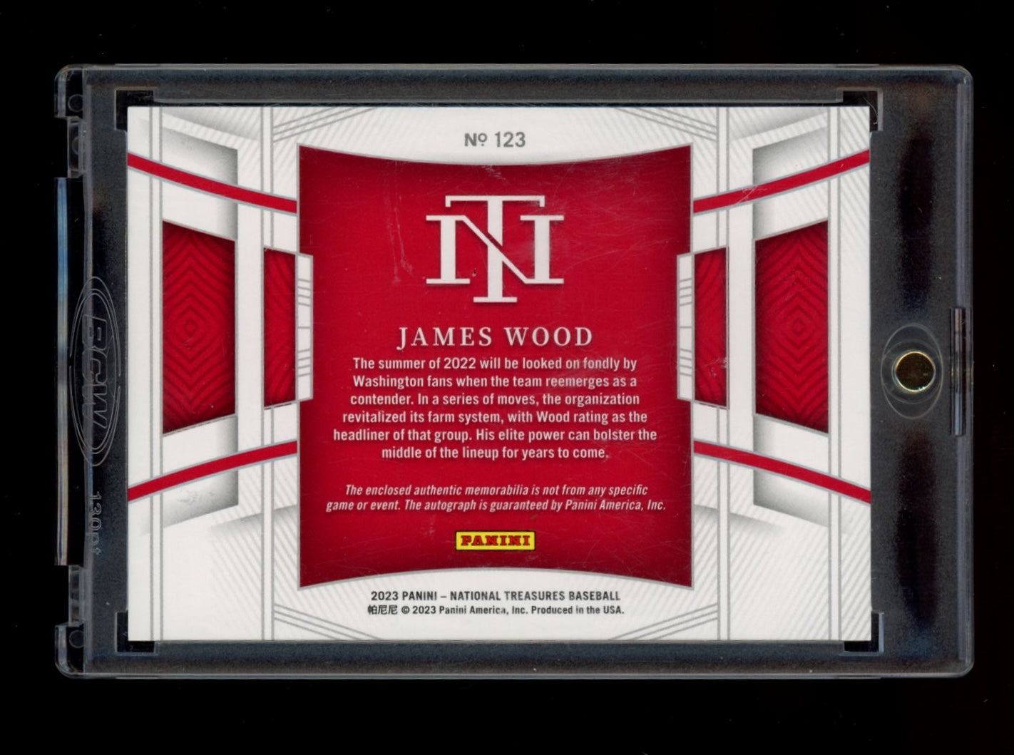 2023 Panini National Treasures #123 James Wood Rookie Material Sig Gold #/49