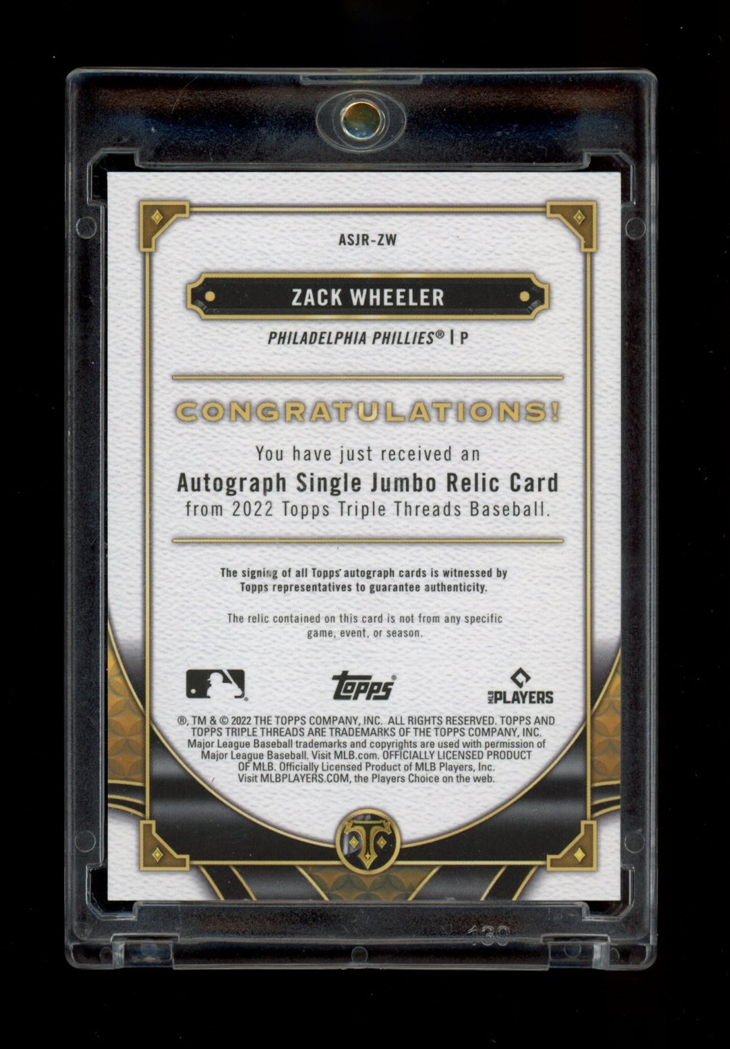 2022 Topps Triple Threads #ASJR-ZW Zack Wheeler Autograph Jumbo Relics #/10