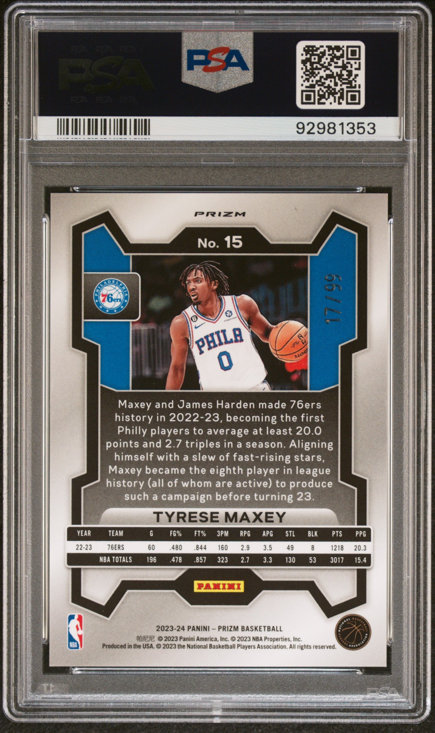 2023 Panini Prizm #15 Tyrese Maxey Blue Seismic PSA 10 /99