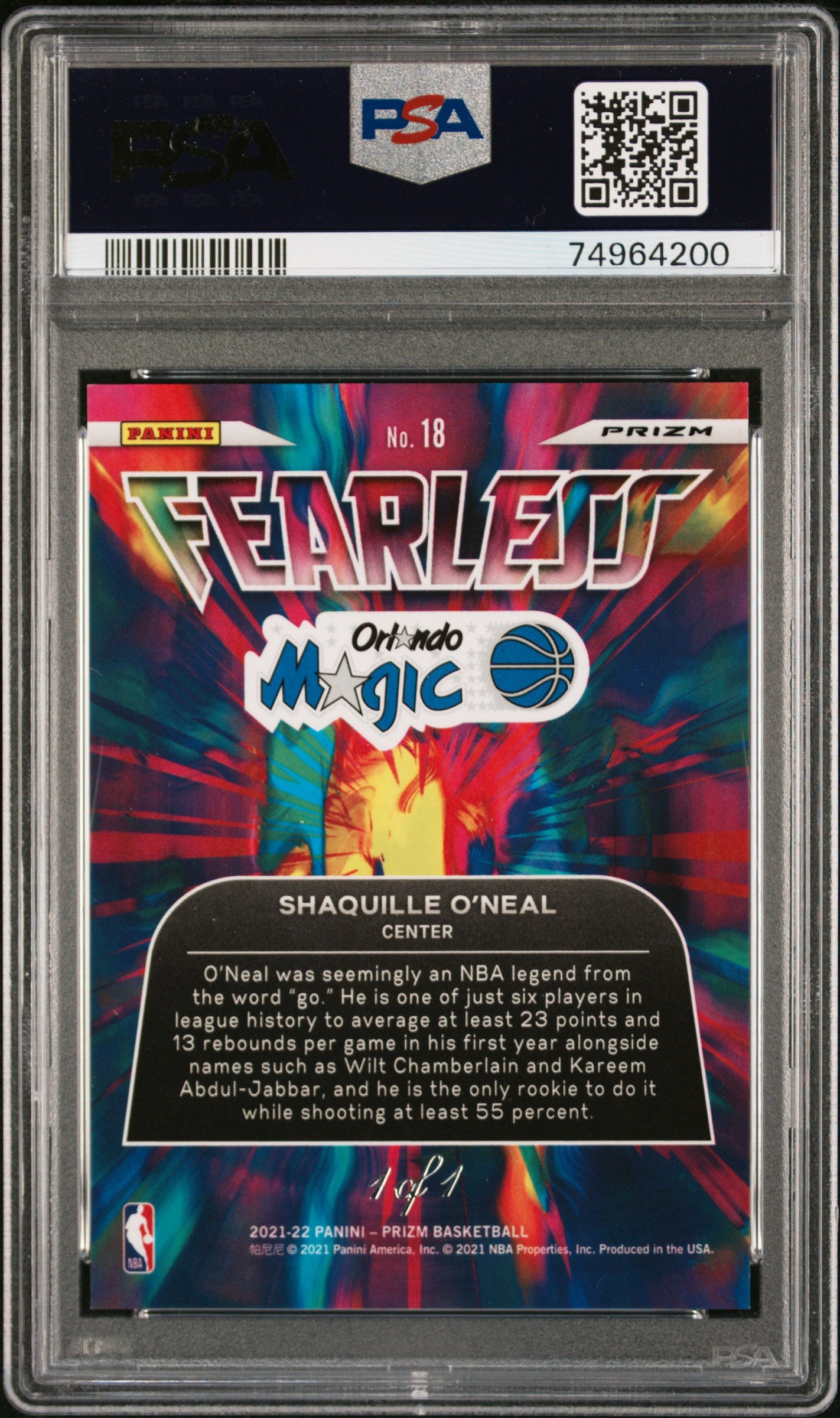 2021 Panini Prizm Fearless #18 Shaquille O’neal Black Prizm 1/1 PSA 8.5