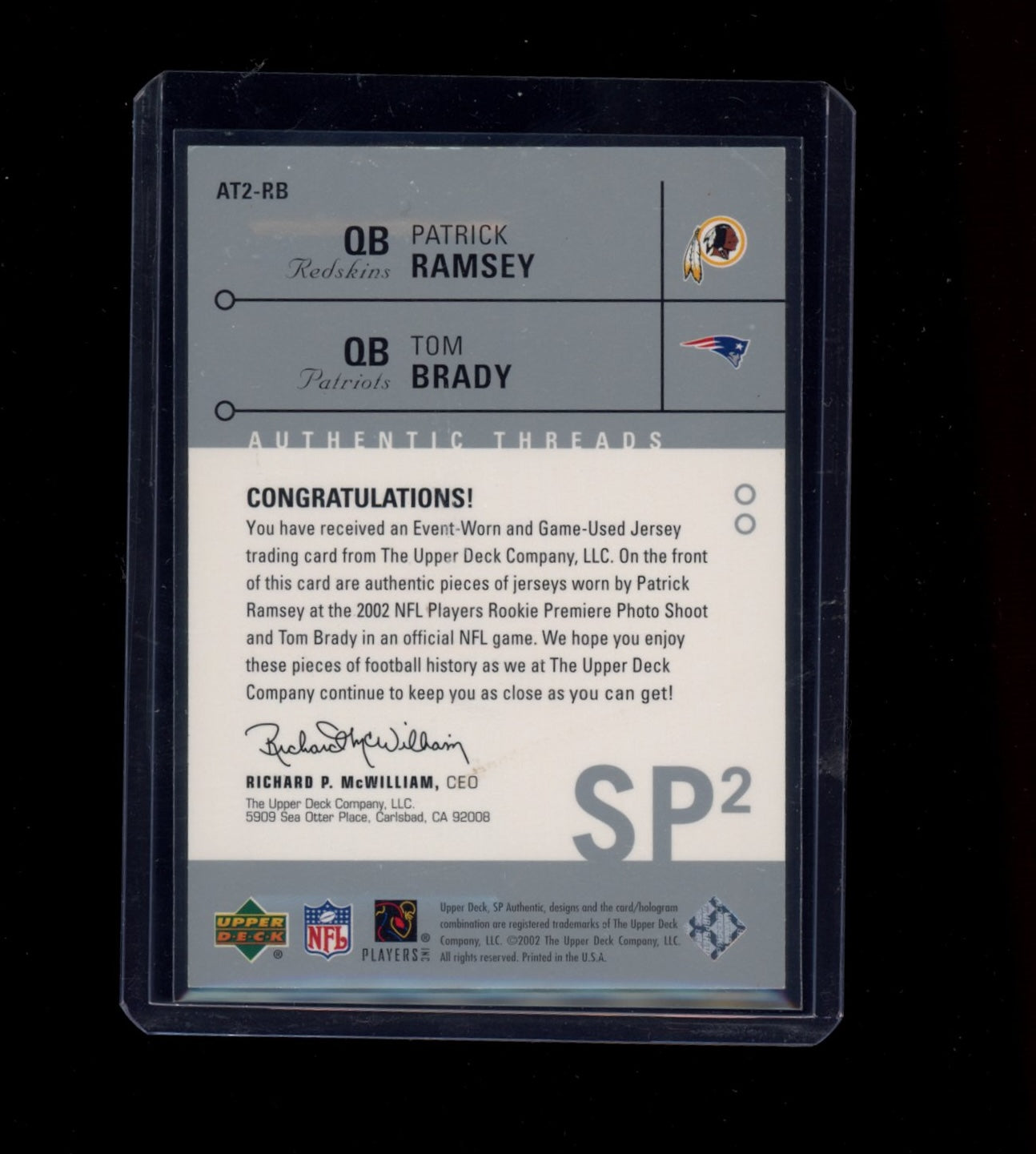 2002 SP Authentic #AT2-RB Patrick Ramsey / Tom Brady MEM Authentic Threads
