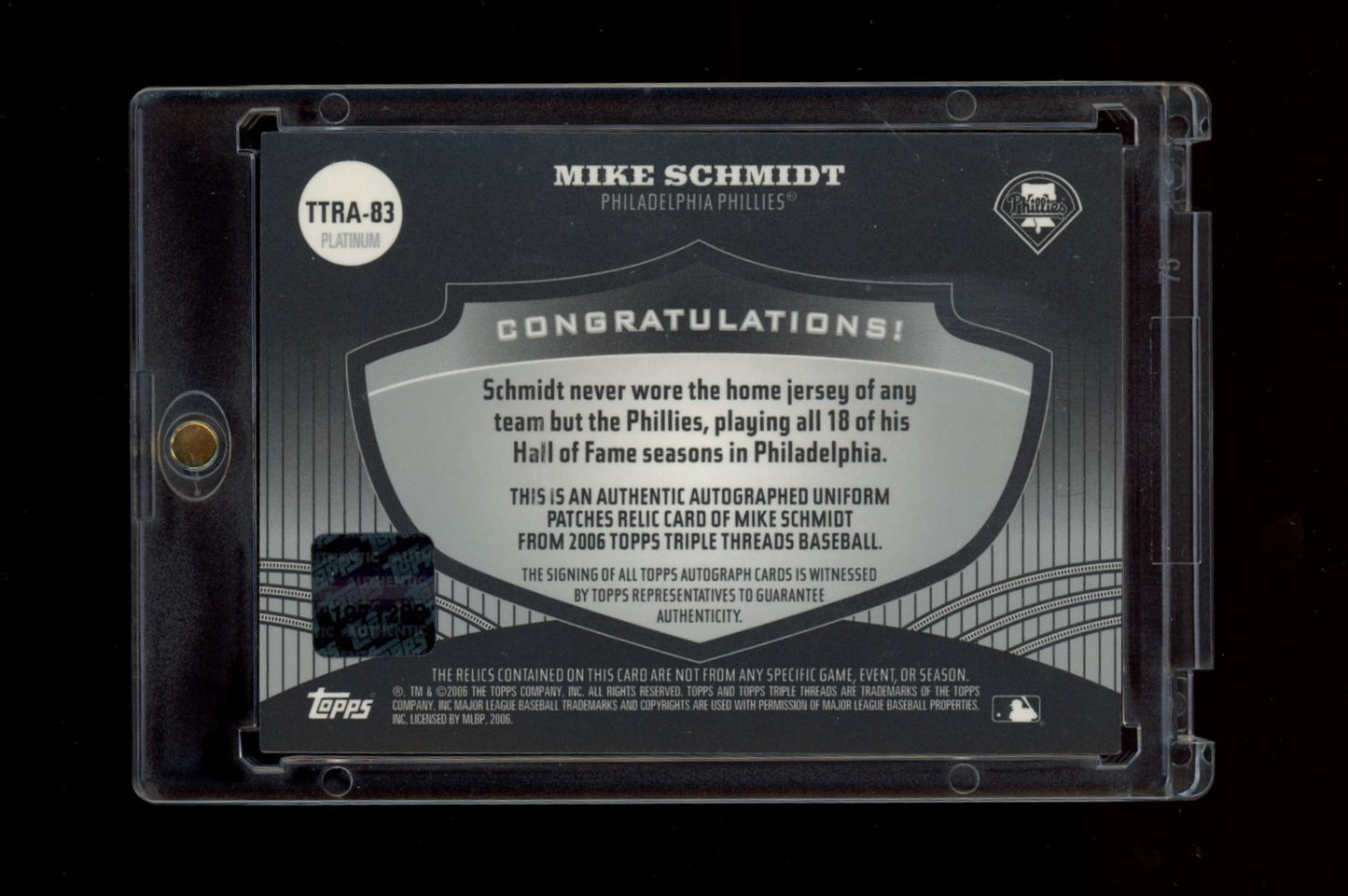2006 Topps Triple Threads #TTRA-83 Mike Schmidt Relic Autograph Platinum #/3
