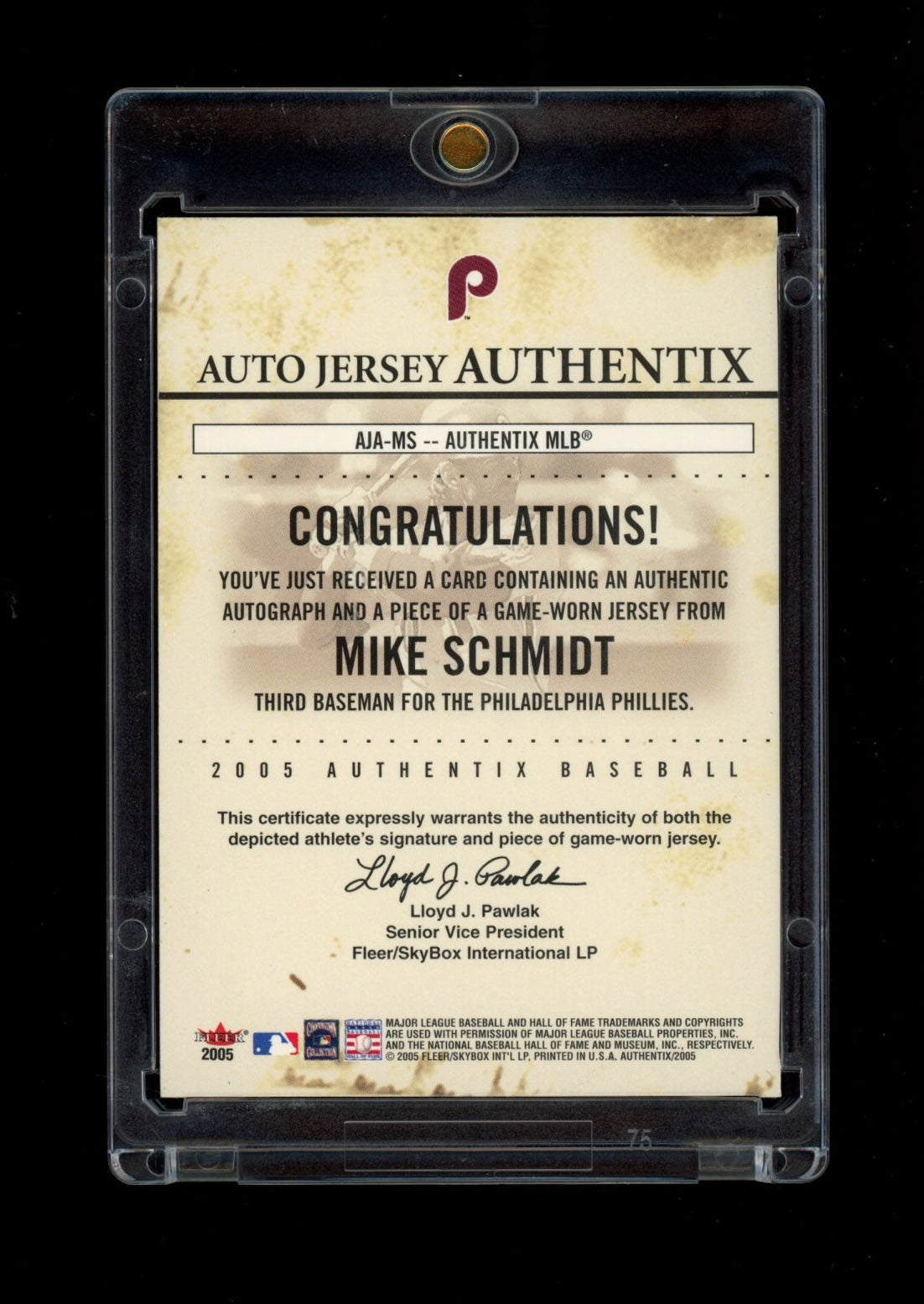 2005 Fleer Authentix #AJA-MS Mike Schmidt Auto Jersey General Admission #/75