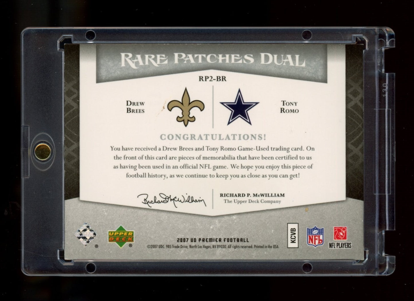 2007 Upper Deck Premier #RP2-BR Drew Brees / Tony Romo Rare Patches Dual #/50
