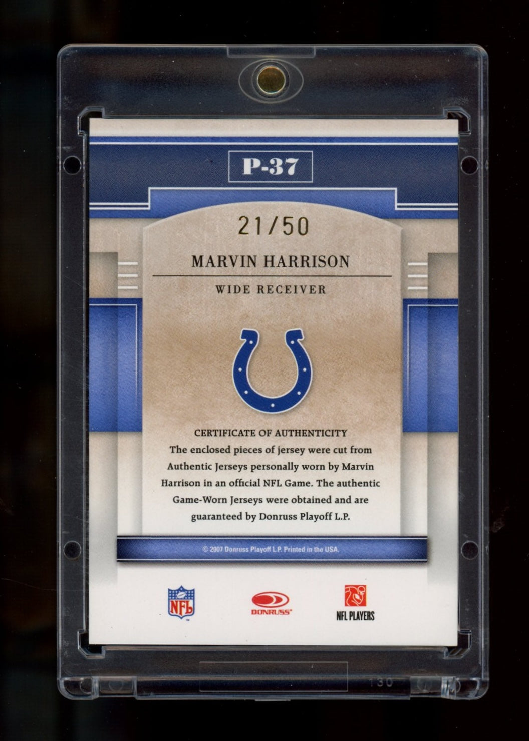 2007 Donruss Gridiron #P-37 Marvin Harrison Performers Jersey Prime #/50