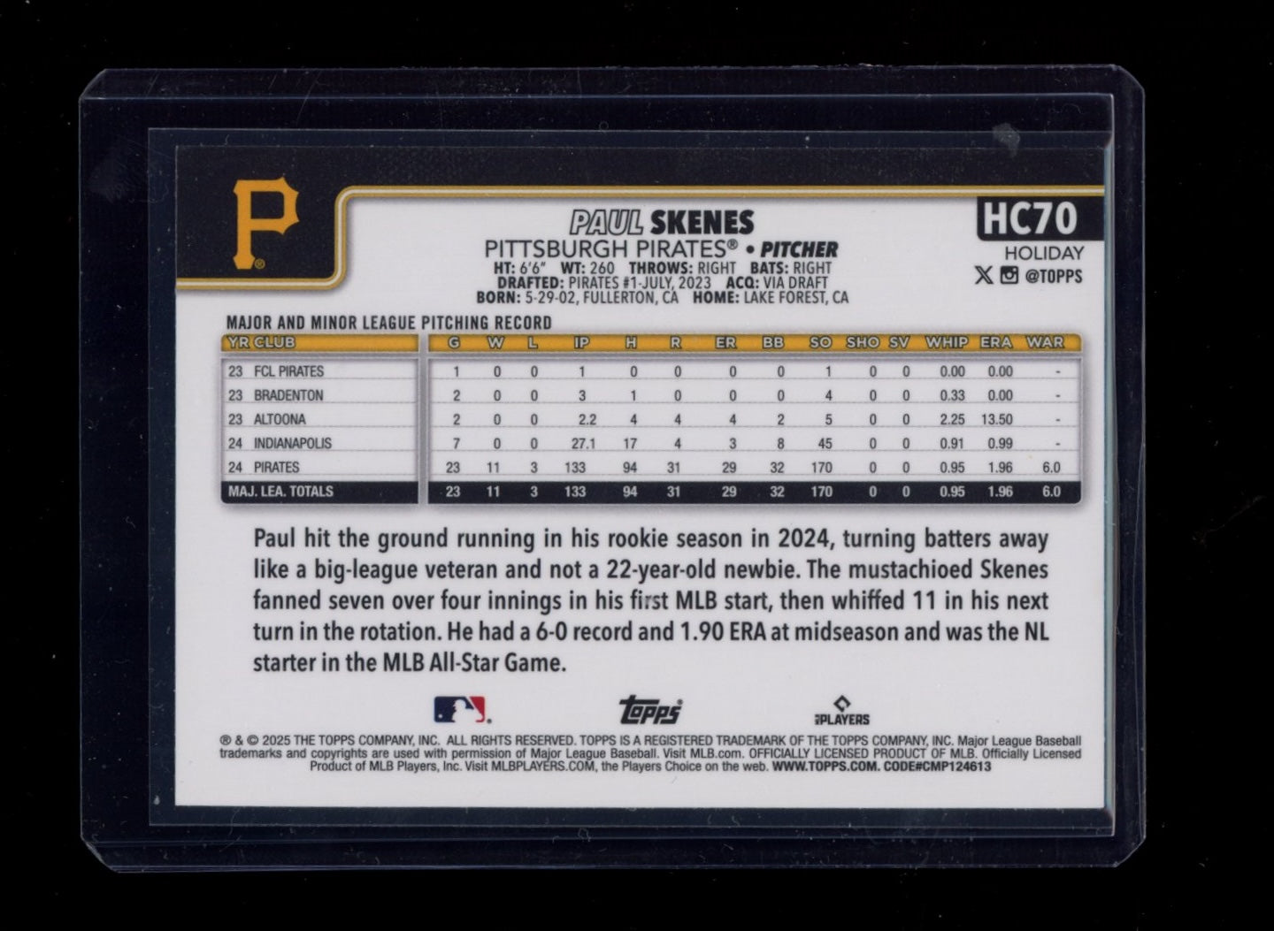 2025 Topps Holiday #HC70 Paul Skenes Chrome Blue Refractors #/199