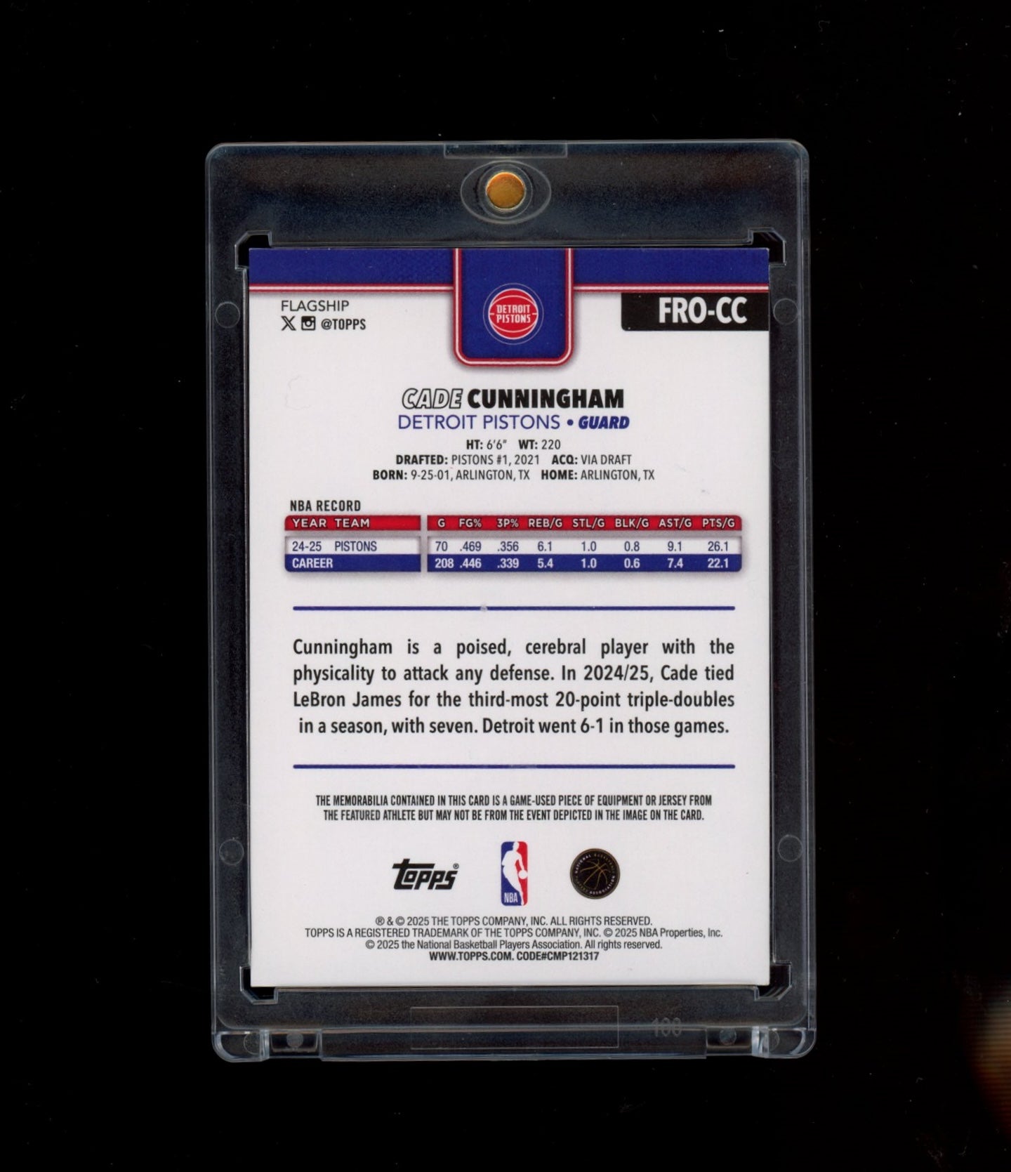 2025-26 Topps #FRO-CC Cade Cunningham Flagship Real One Relics Red Rainbow #/5