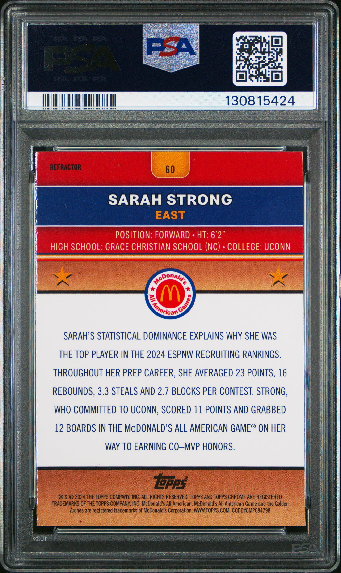 2024 Topps Chrome Mcdonald'S All American #60 Sarah Strong Refractor PSA 10
