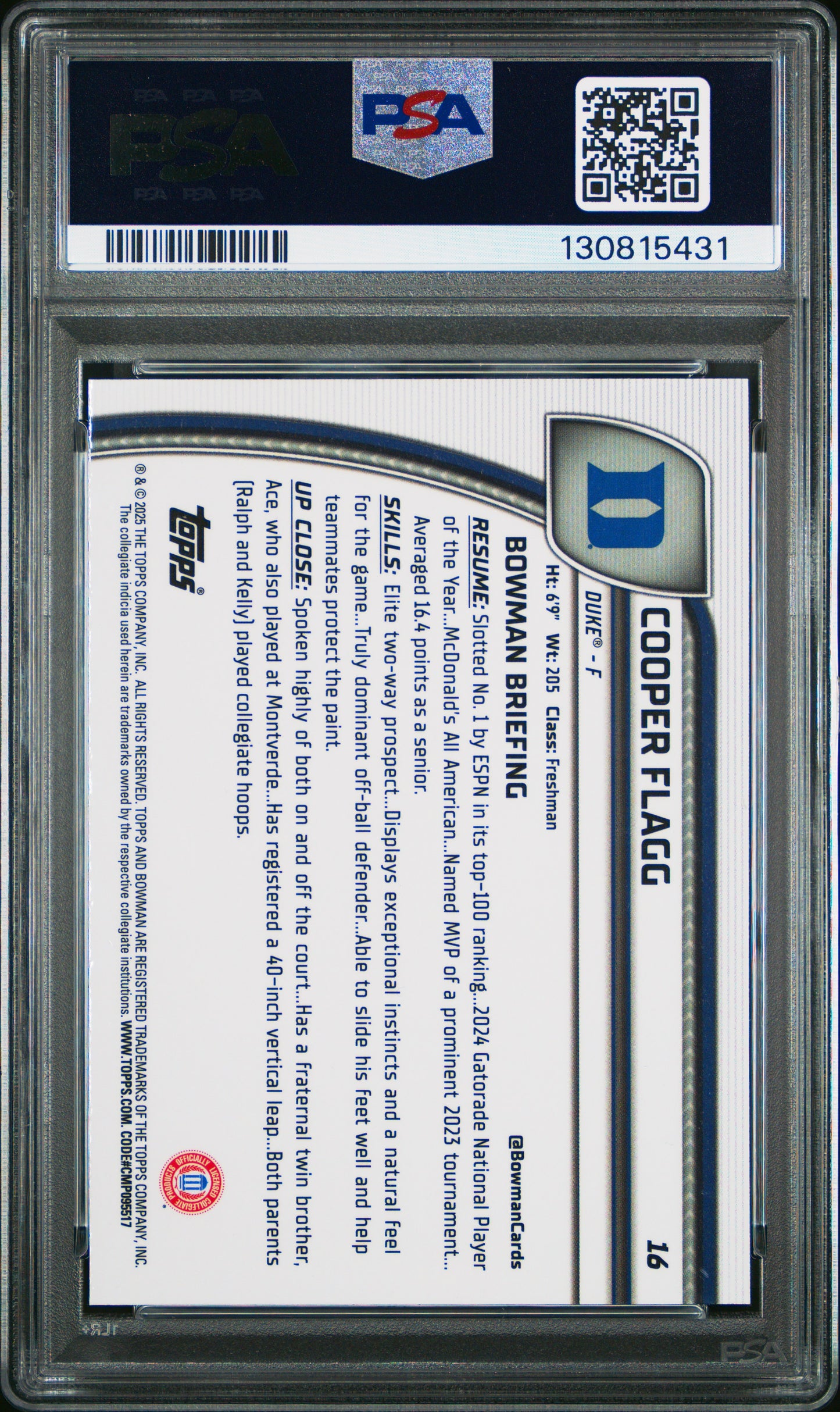 2024 Bowman Chrome University #16 Cooper Flagg PSA 10