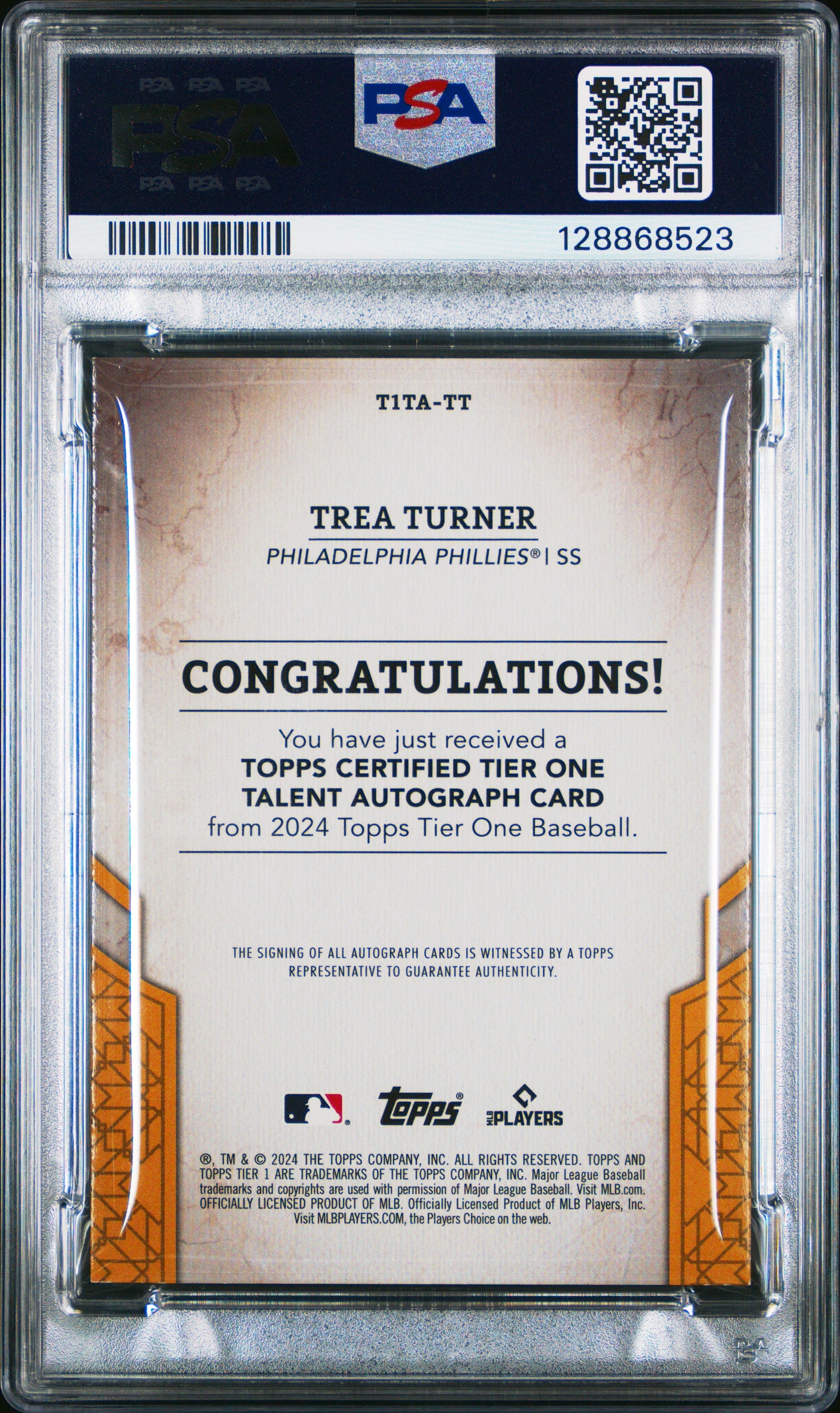 2024 Topps Tier One Tier One Talent #TT Trea Turner auto-Red Foil PSA 7