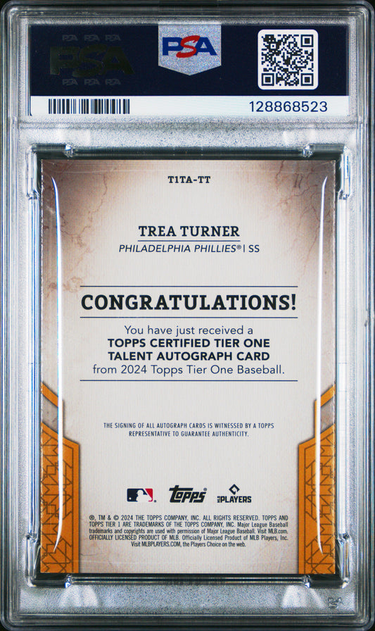 2024 Topps Tier One Tier One Talent #TT Trea Turner auto-Red Foil PSA 7