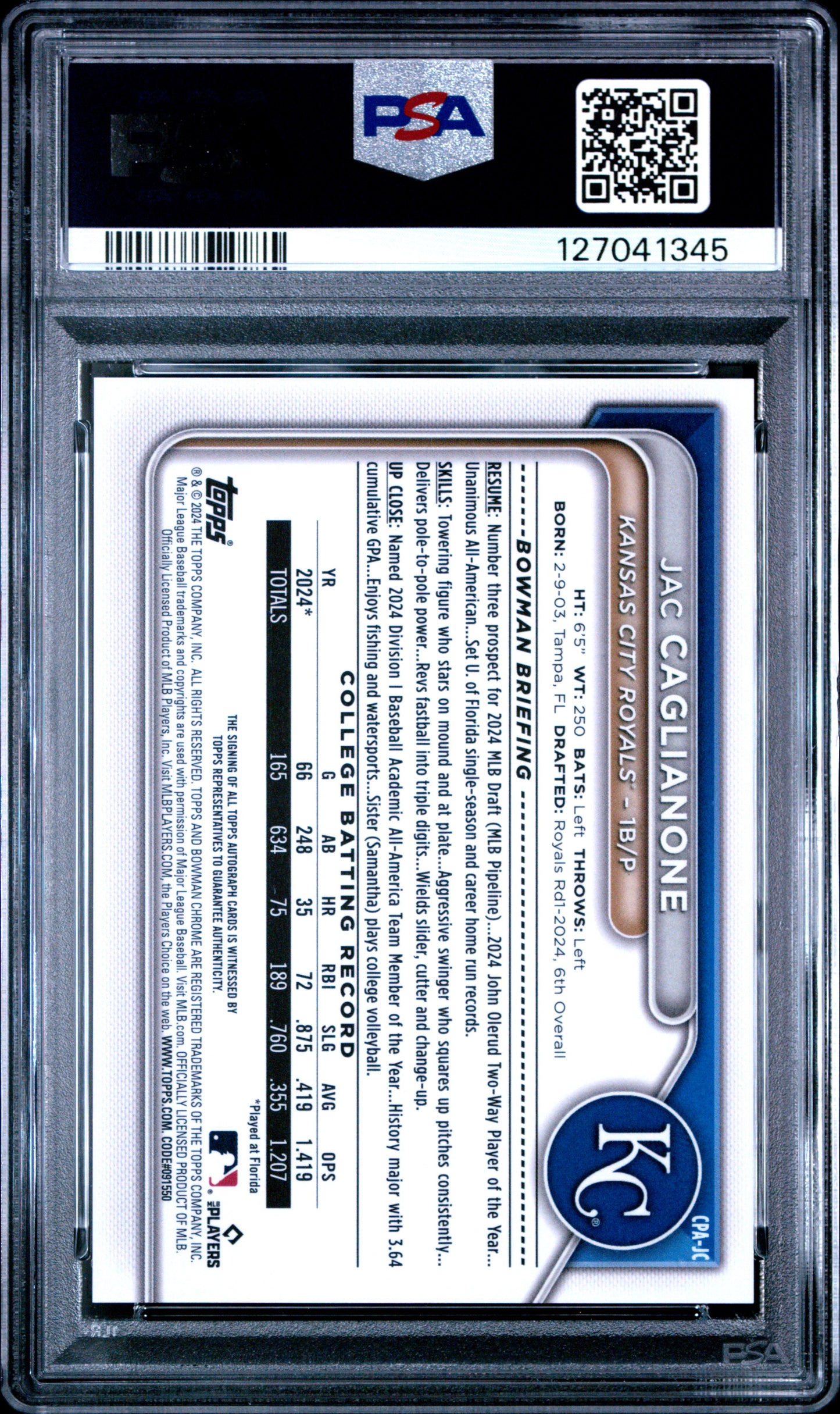 2024 Bowman Draft Chrome Prospect Autographs #CPAJC Jac Caglianone PSA 9