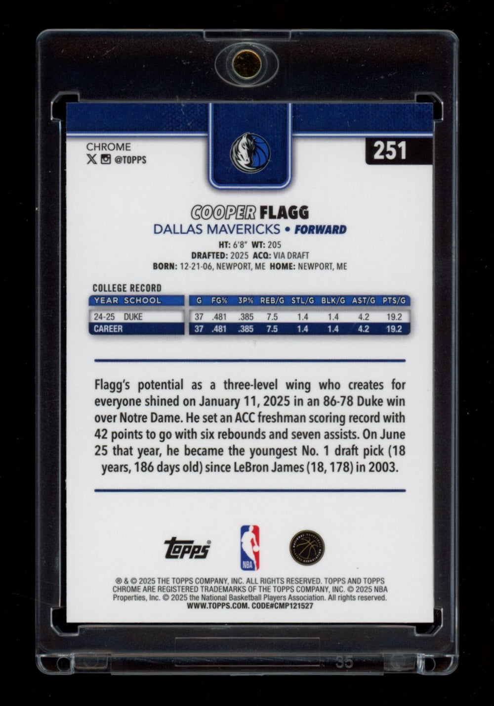2025-26 Topps Chrome #251 Cooper Flagg basketball refractor