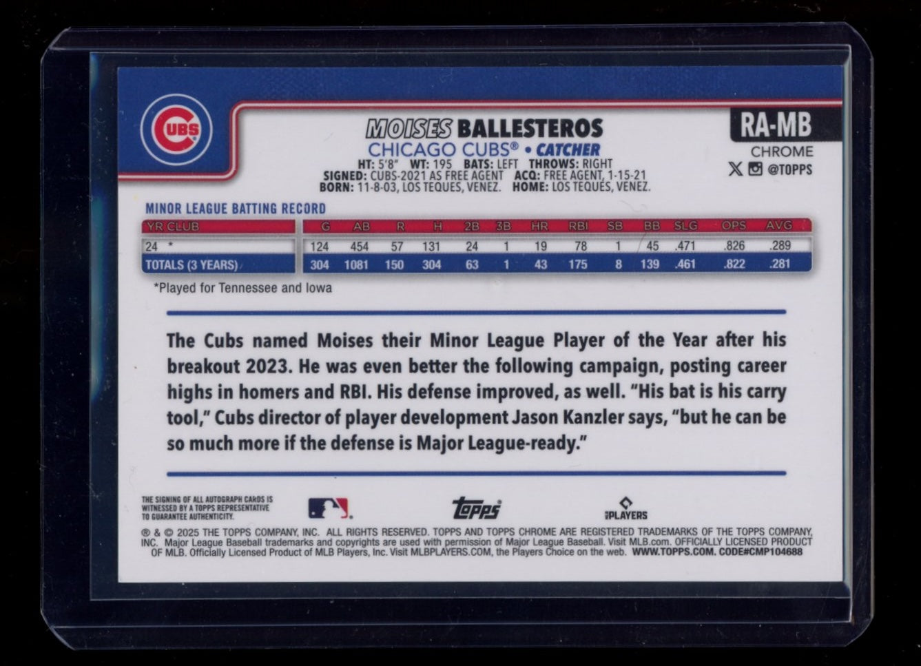 2025 Topps Chrome Update #RA-MB Moisés Ballesteros Auto Orange #/25