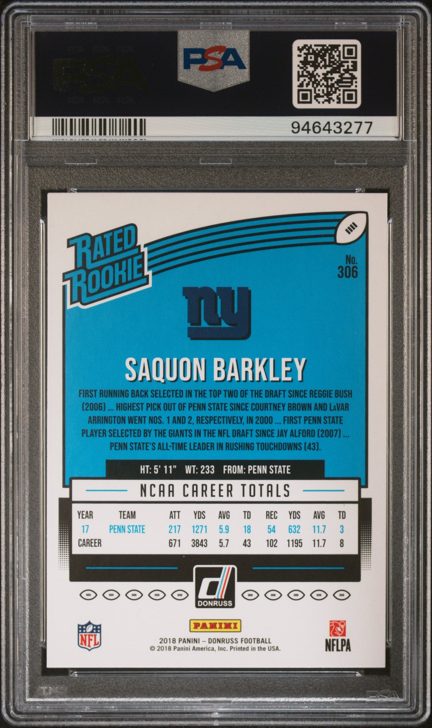 2018 Panini Donruss #306 Saquon Barkley PSA 9