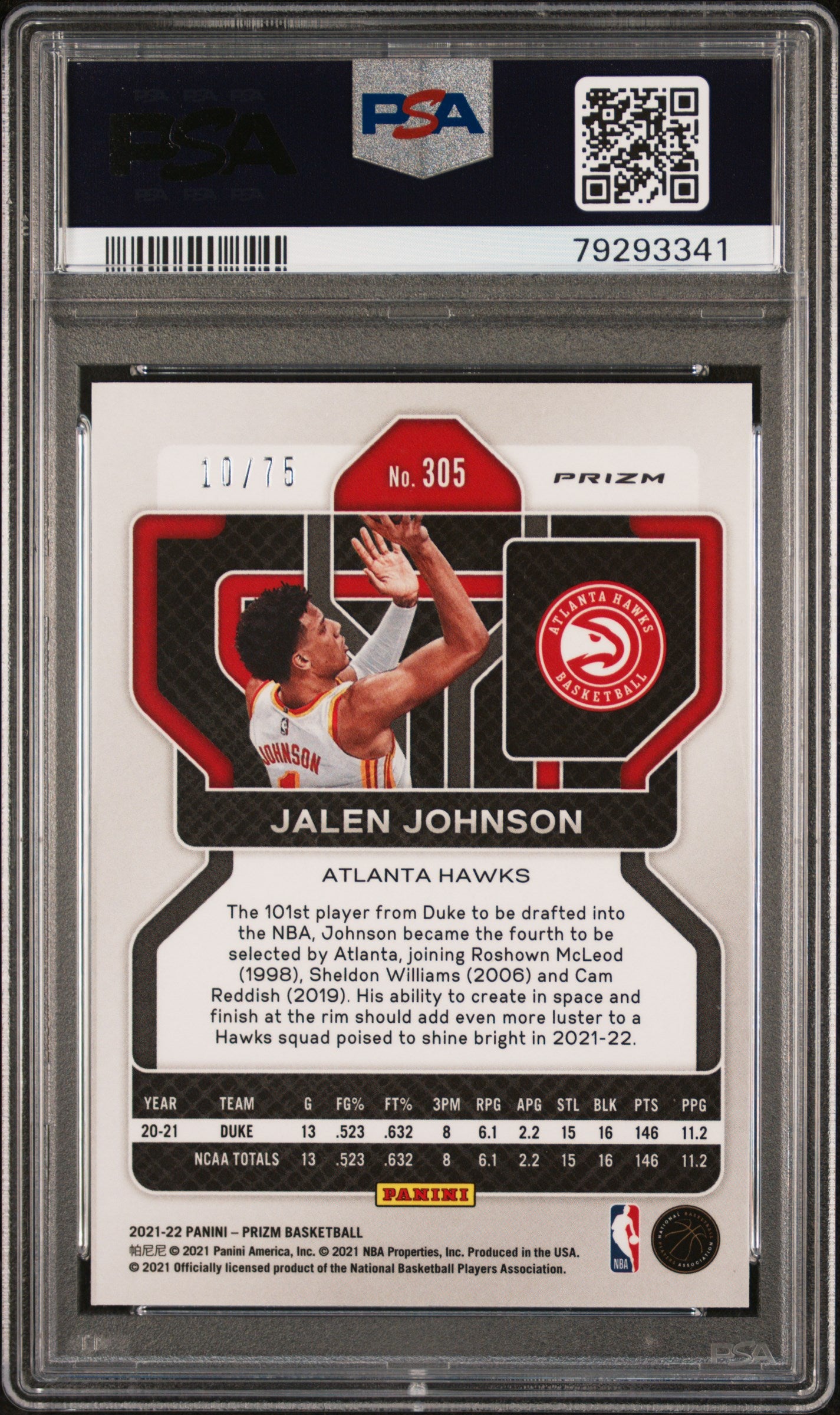 2021 Panini Prizm #305 Jalen Johnson Nba 75th Diamond Prizm PSA 8