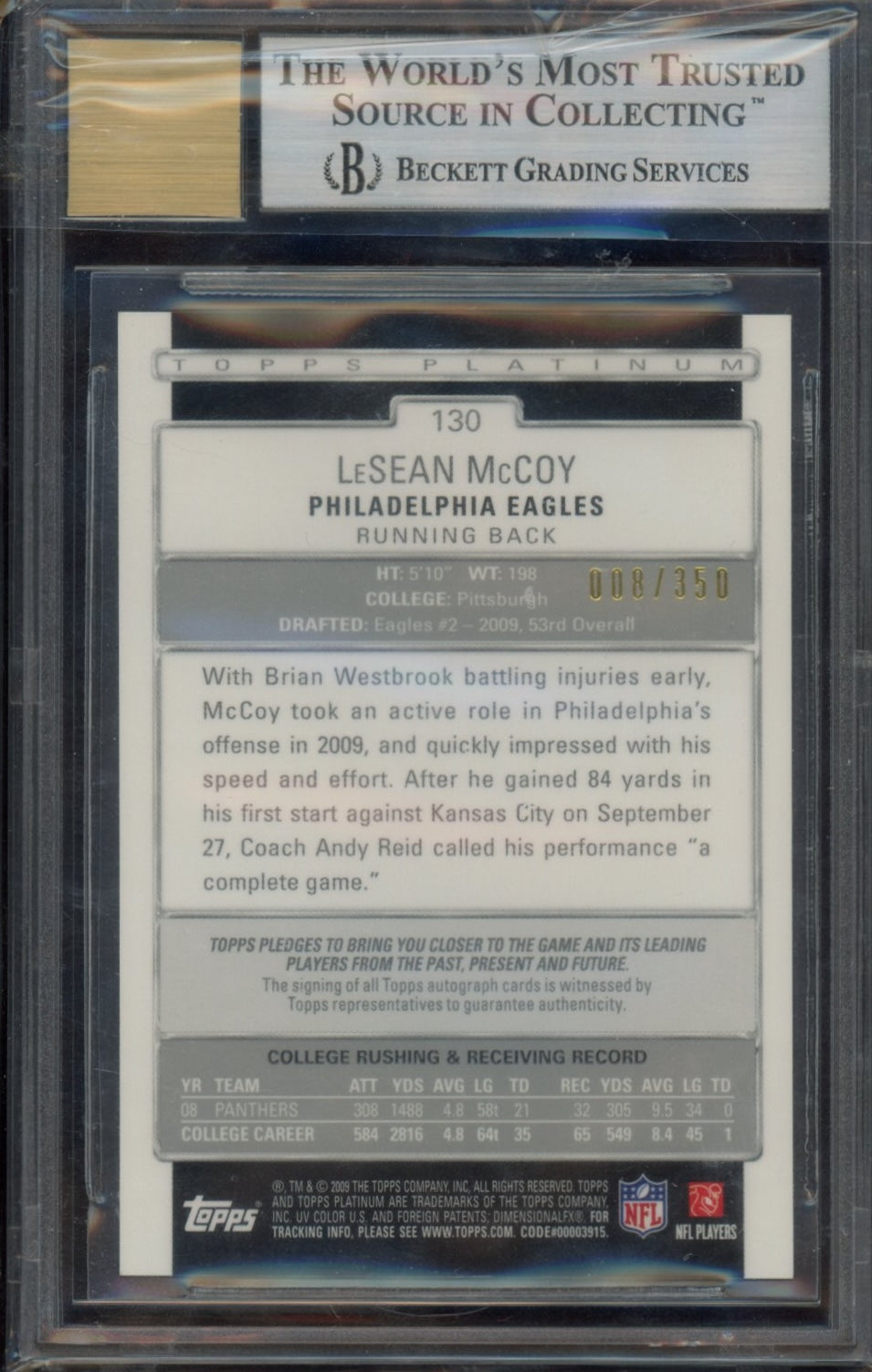 2009 Topps Platinum Rookie Autographs #130 LeSean McCoy/350 40 BGS 9.0