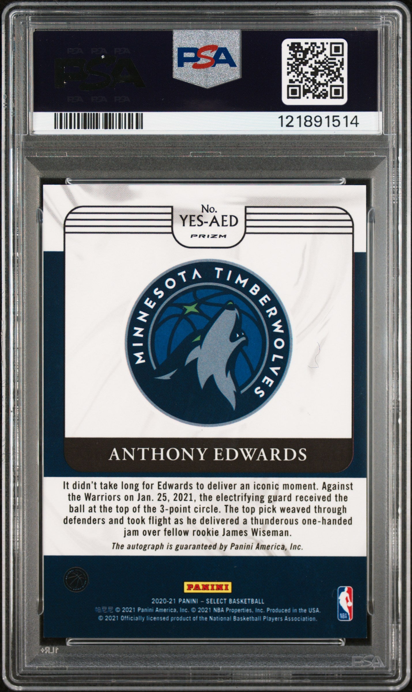 2020 Panini Select Youth Explosion Signatures #YESAED Anthony Edwards PSA 9