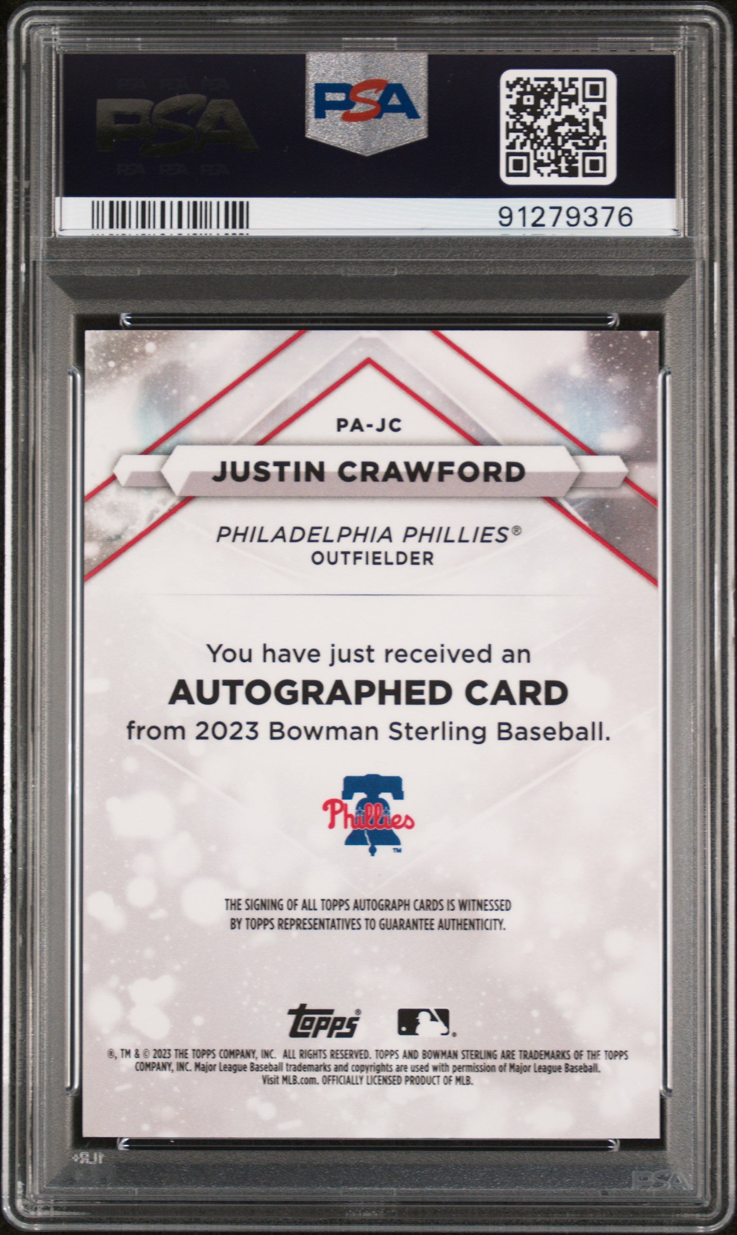 2023 Bowman Sterling Prospect #PAJC Justin Crawford Auto-Speckle Ref PSA 10