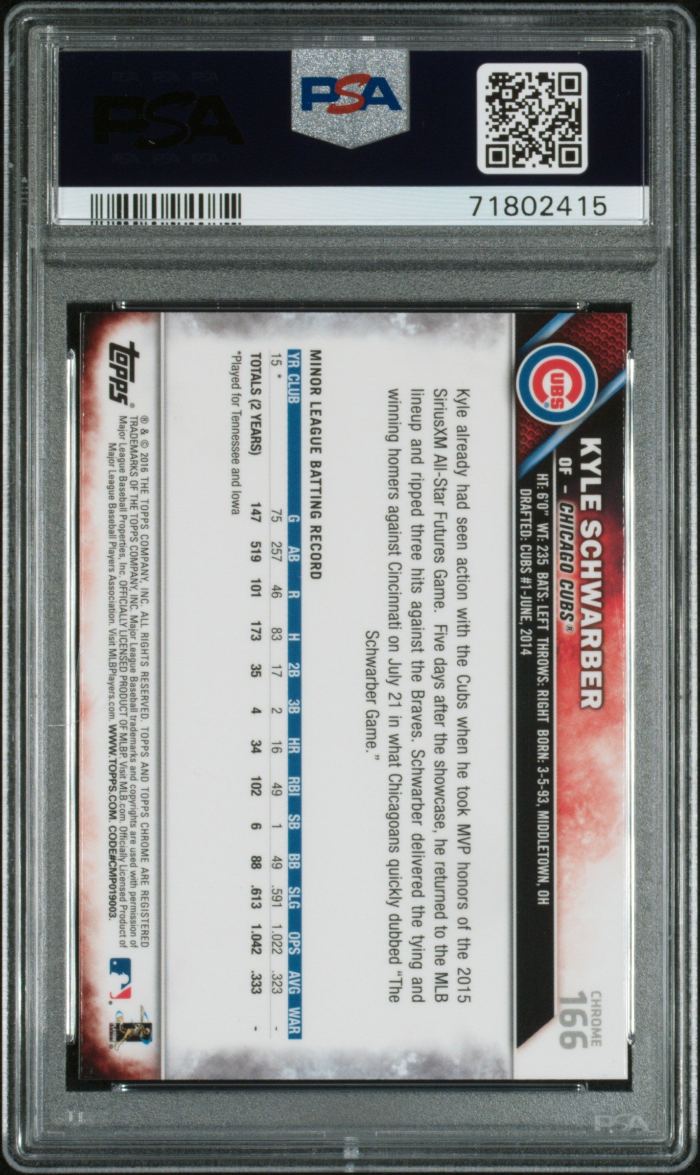 2016 Topps Chrome #166 Kyle Schwarber Vertical PSA 10