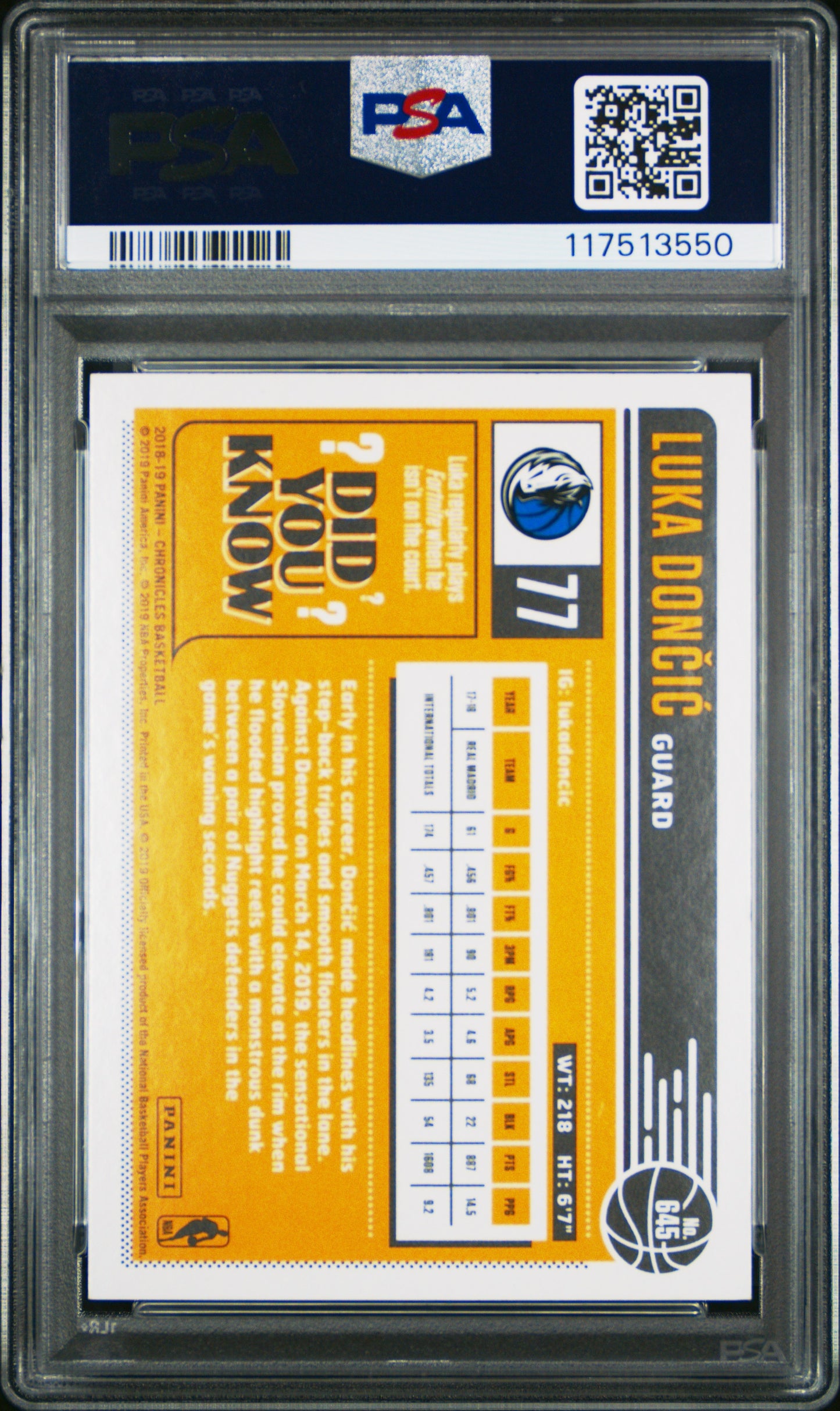 2018 Panini Chronicles #645 Luka Doncic PSA 8