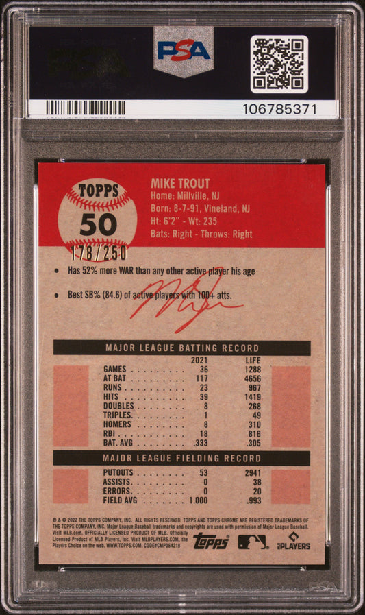 2022 Topps Chrome Plat Anniv #50 Mike Trout Yellow Raywave Refractor /275 PSA 9