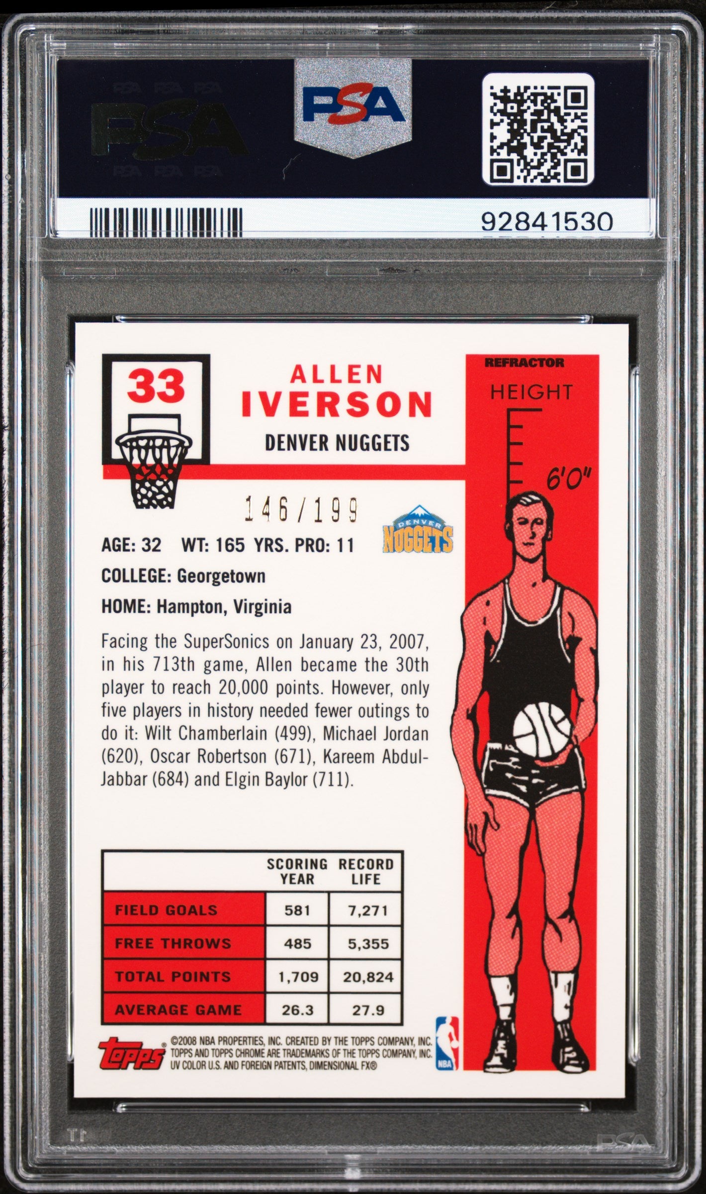 2007 Topps Chrome #33 Allen Iverson 1957-58 Var.-Orange Ref. PSA 9