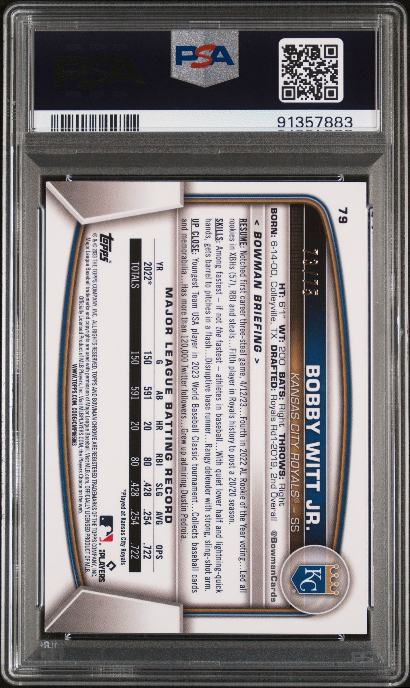 2023 Bowman Chrome #79 Bobby Witt Jr. Yellow Refractor PSA 9
