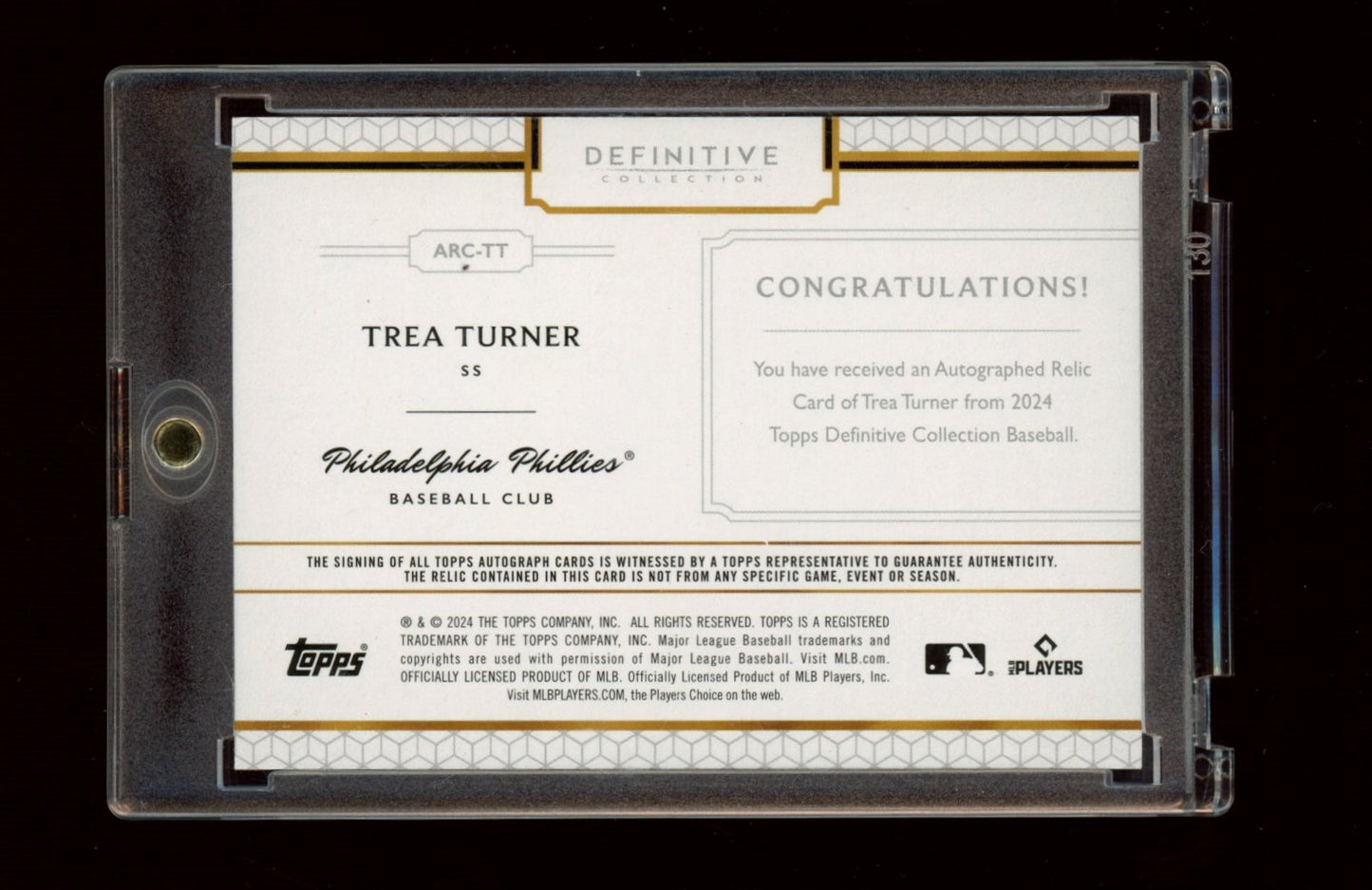 2024 Topps Definitive Collection #ARC-TT Trea Turner Auto Relic Purple #/10