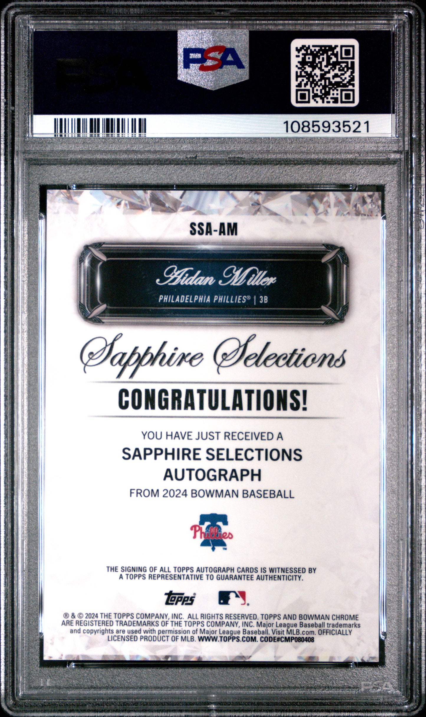 2024 Bowman Sapphire Edition Sapphire Auto #AM Aidan Miller PSA 10