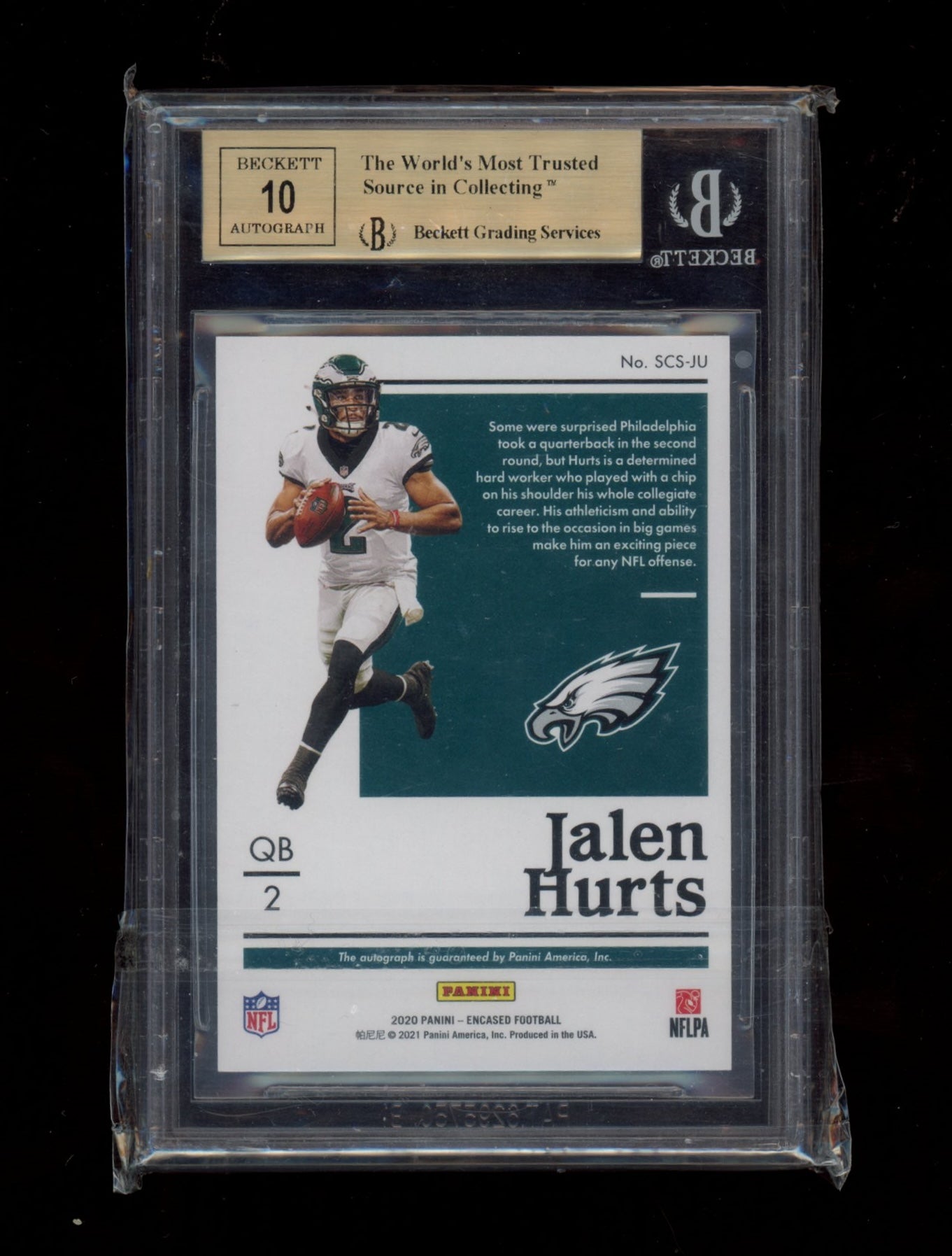 2020 Panini Encased Scripted Signatures #SCSJU Jalen Hurts/50 BGS 9.5