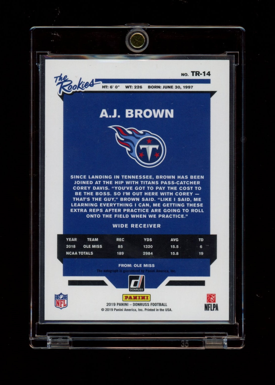 2019 Donruss #TR-14 A.J. Brown The Rookies Autographs #/299
