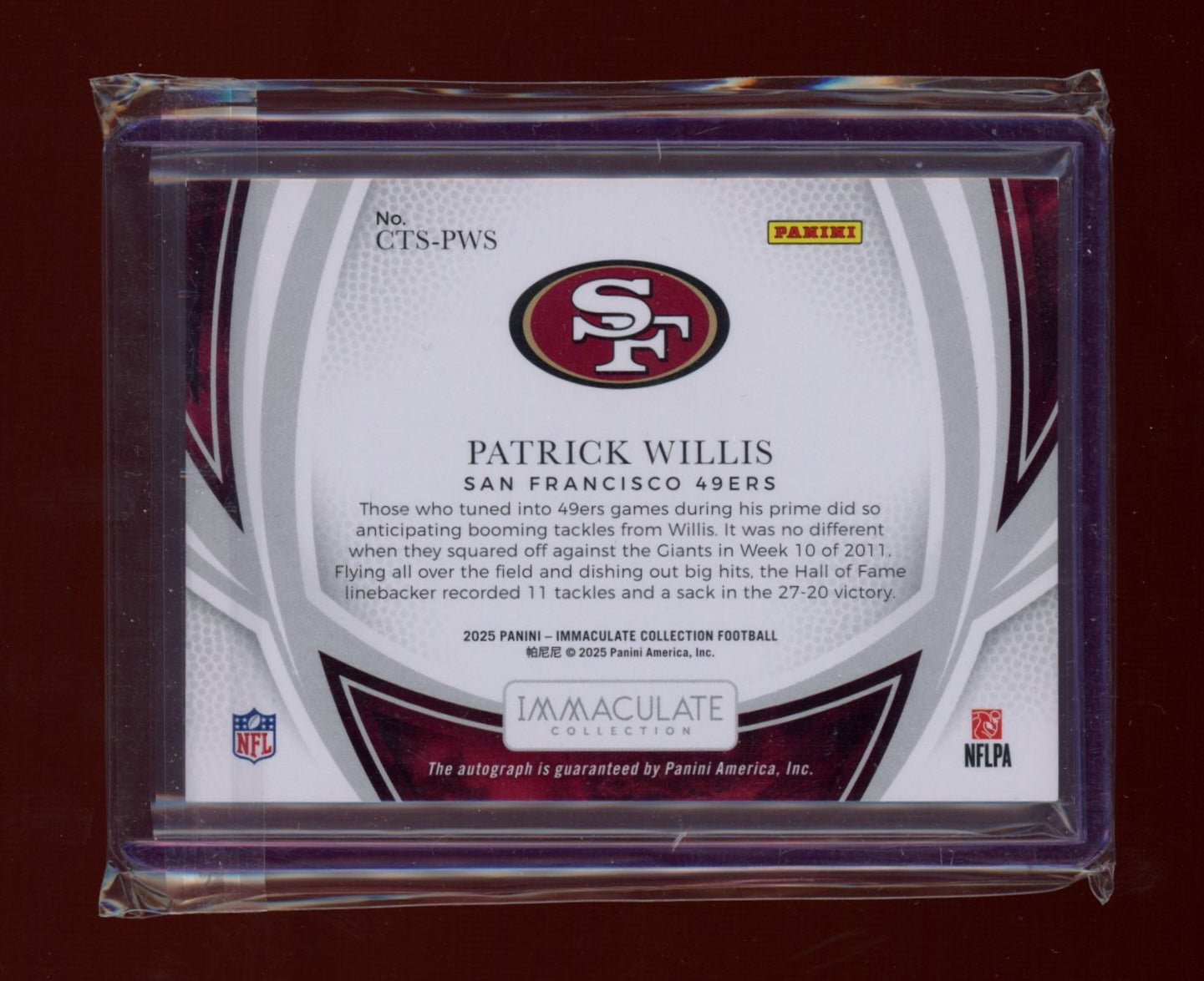 2025 Panini Immaculate #CTS-PWS Patrick Willis Clutch Time Sig #/99