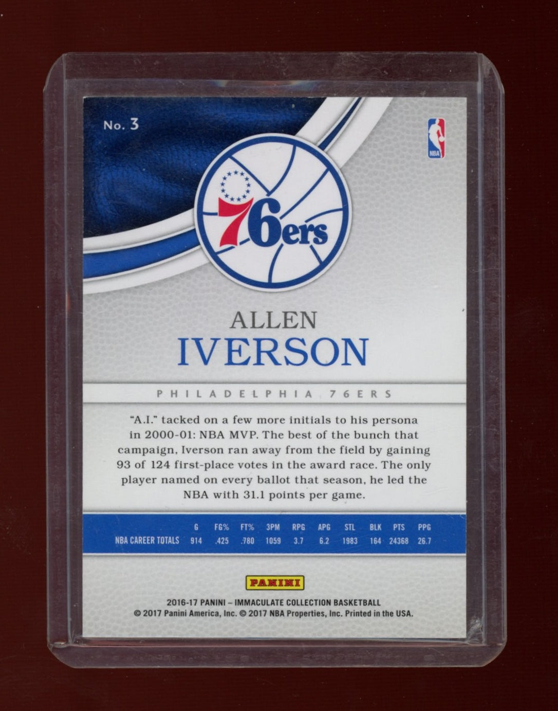 2016-17 Panini Immaculate Collection #3 Allen Iverson #/99