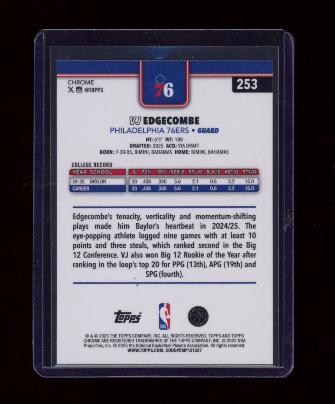 2025-26 Topps Chrome #253 VJ Edgecombe X-Fractor
