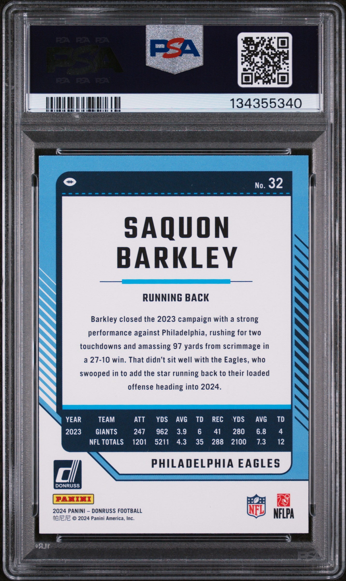 2024 Panini Donruss #32 Saquon Barkley No Name PSA 10