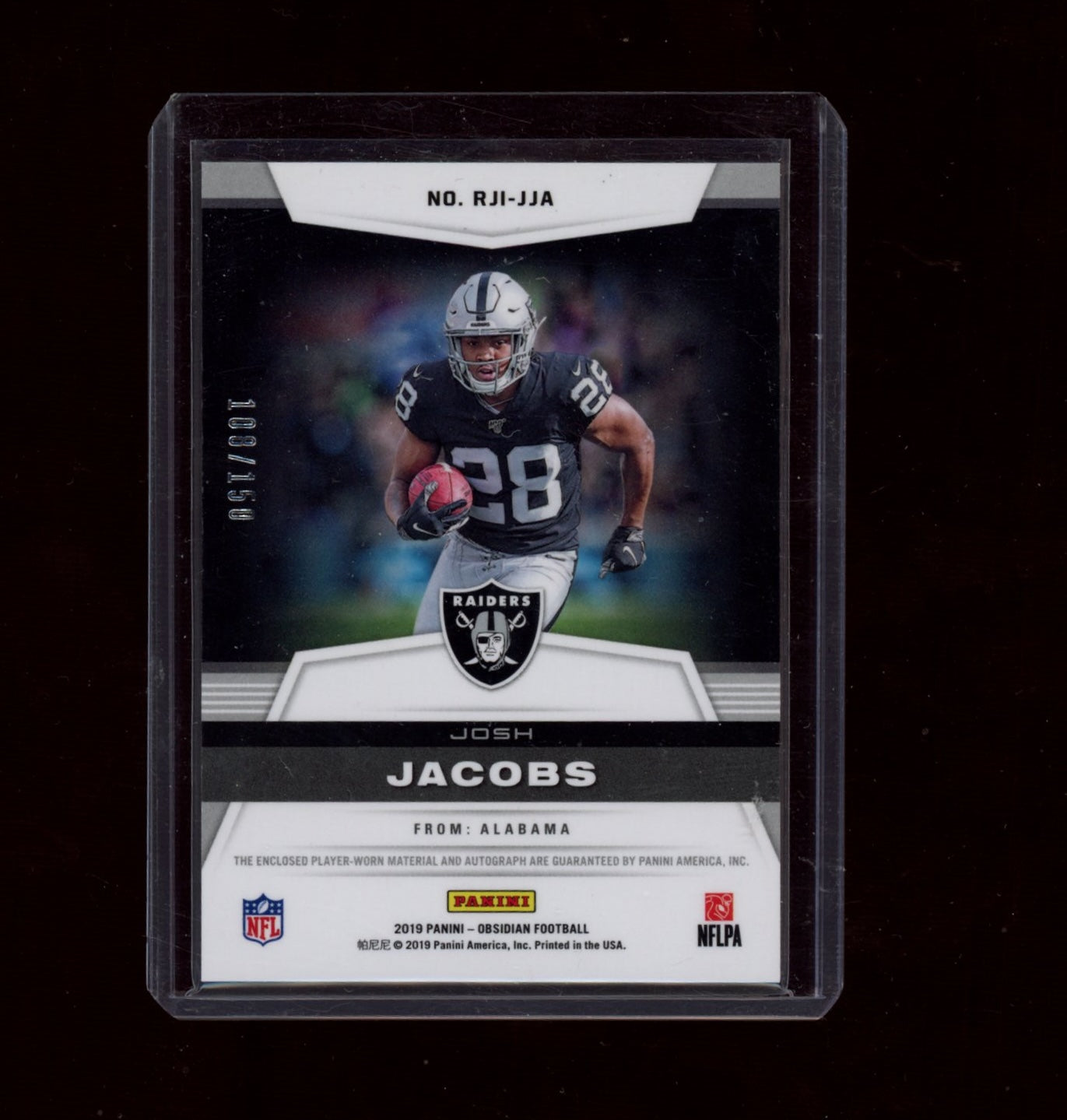 2019 Panini Obsidian #RJI-JJA Josh Jacobs Rookie Jersey Ink #/150