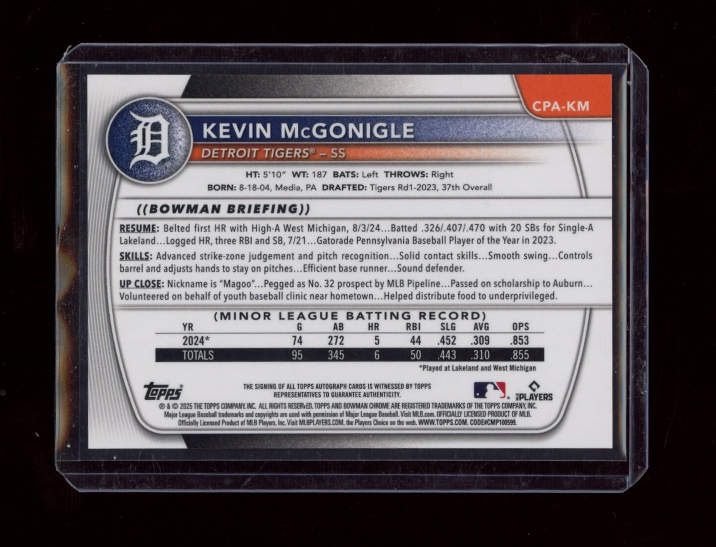 2025 Bowman #CPA-KM Kevin McGonigle Chrome Prospect Autographs