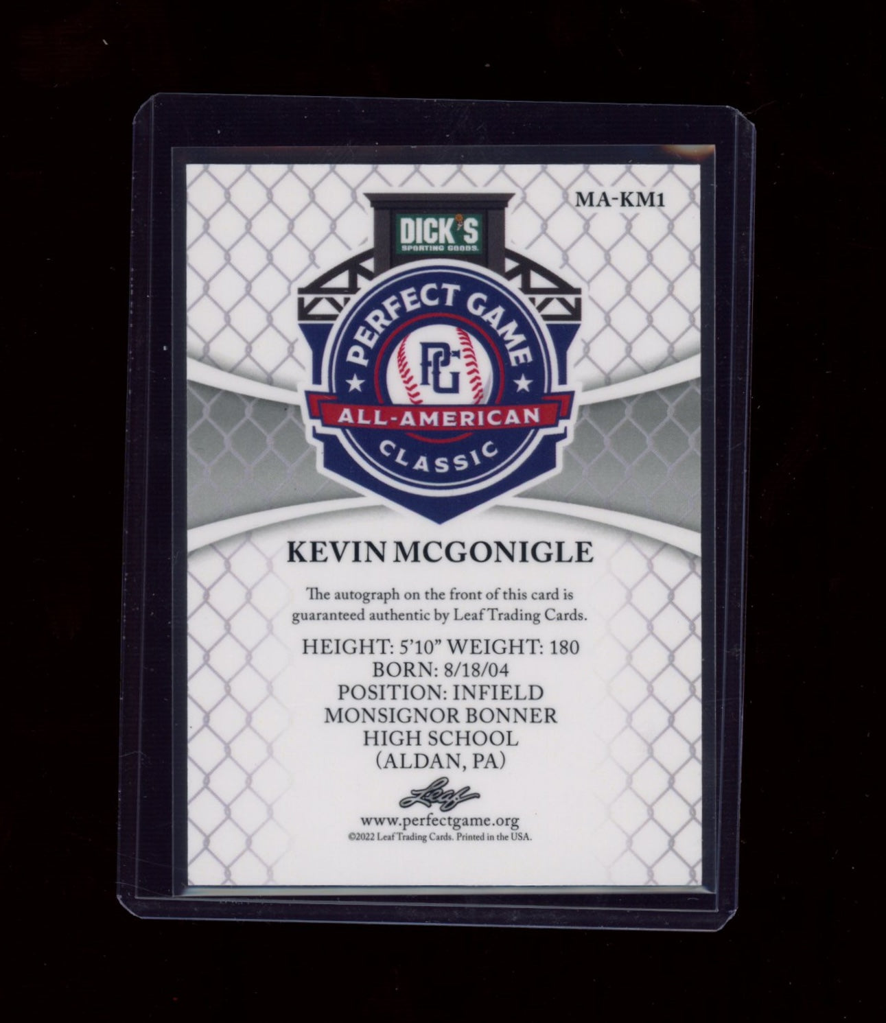 2022 Leaf Perfect Game N #AMA-KM1 Kevin McGonigle Metal Auto Silver