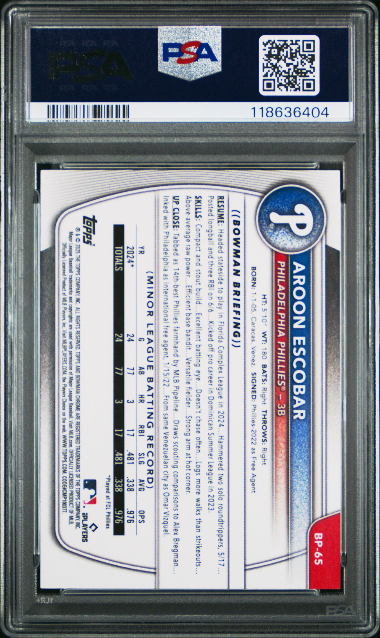 2025 Bowman Paper Prospects #BP65 Aroon Escobar Paper Prospects-Gold PSA 9